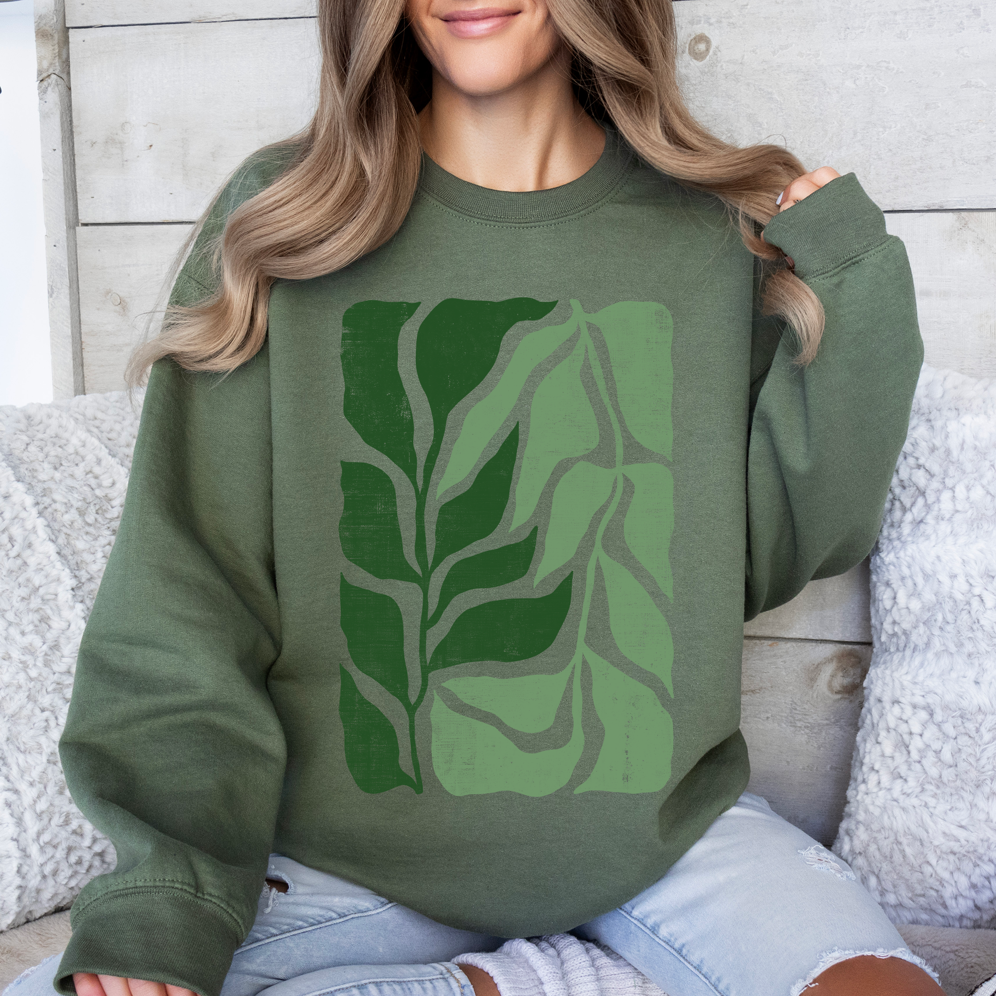 Green Leaf Botanica Vintage Boho Nature Inspired Minimalist Botanical Print Sweatshirt