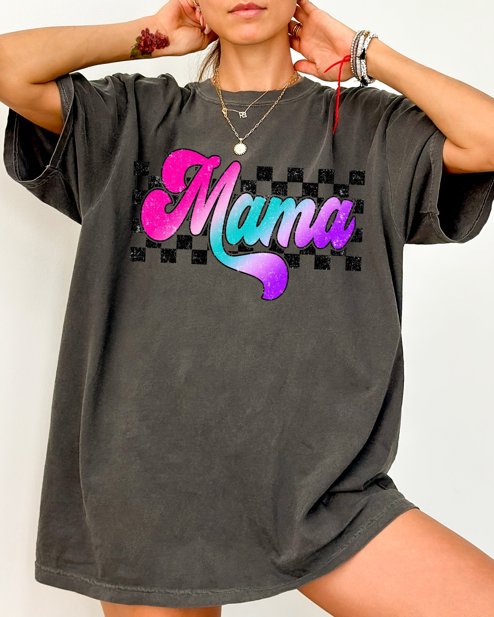 Groovy Mama Checkered Lightning Bolt Colorful Retro Vintage Mom Comfort Colors Tee