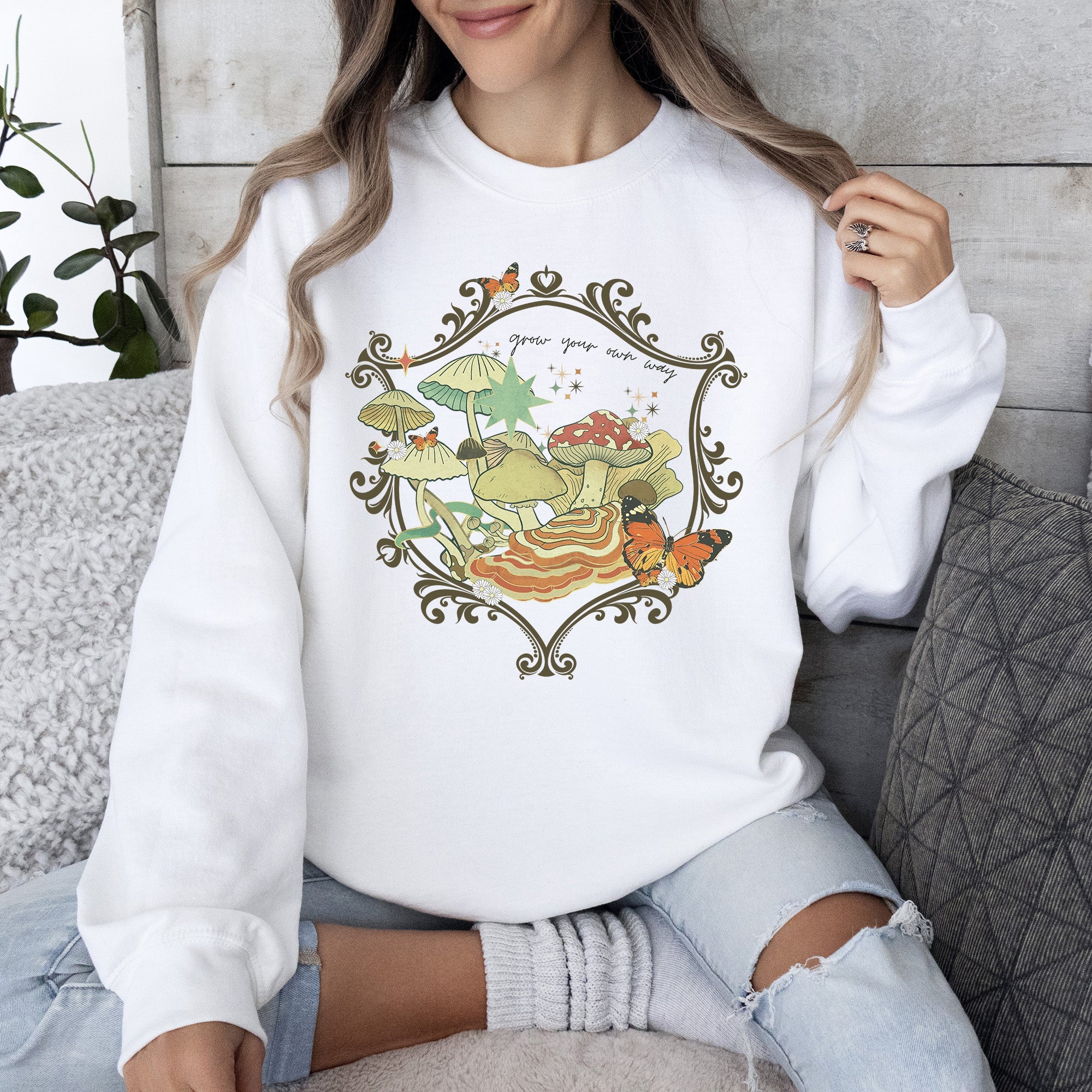 Grow Your Own Way Mushrooms Moth Flowers Nature Cottage Nature Inspired Sweatshirt