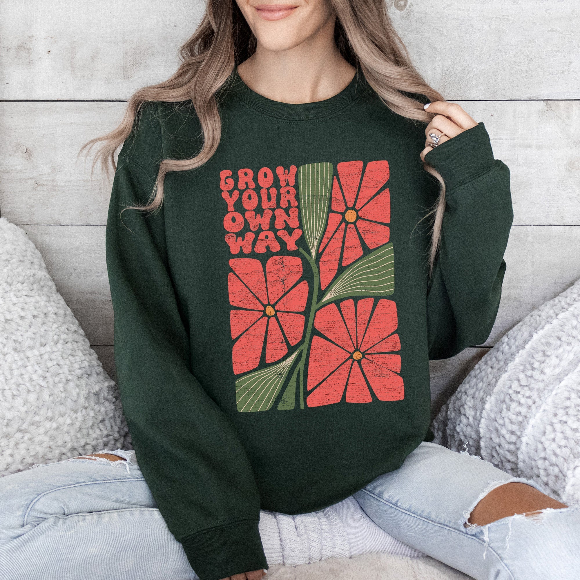Grow Your Own Way, Retro Flowers Cozy Vintage Floral Graphic Print Edition Sweatshirt
