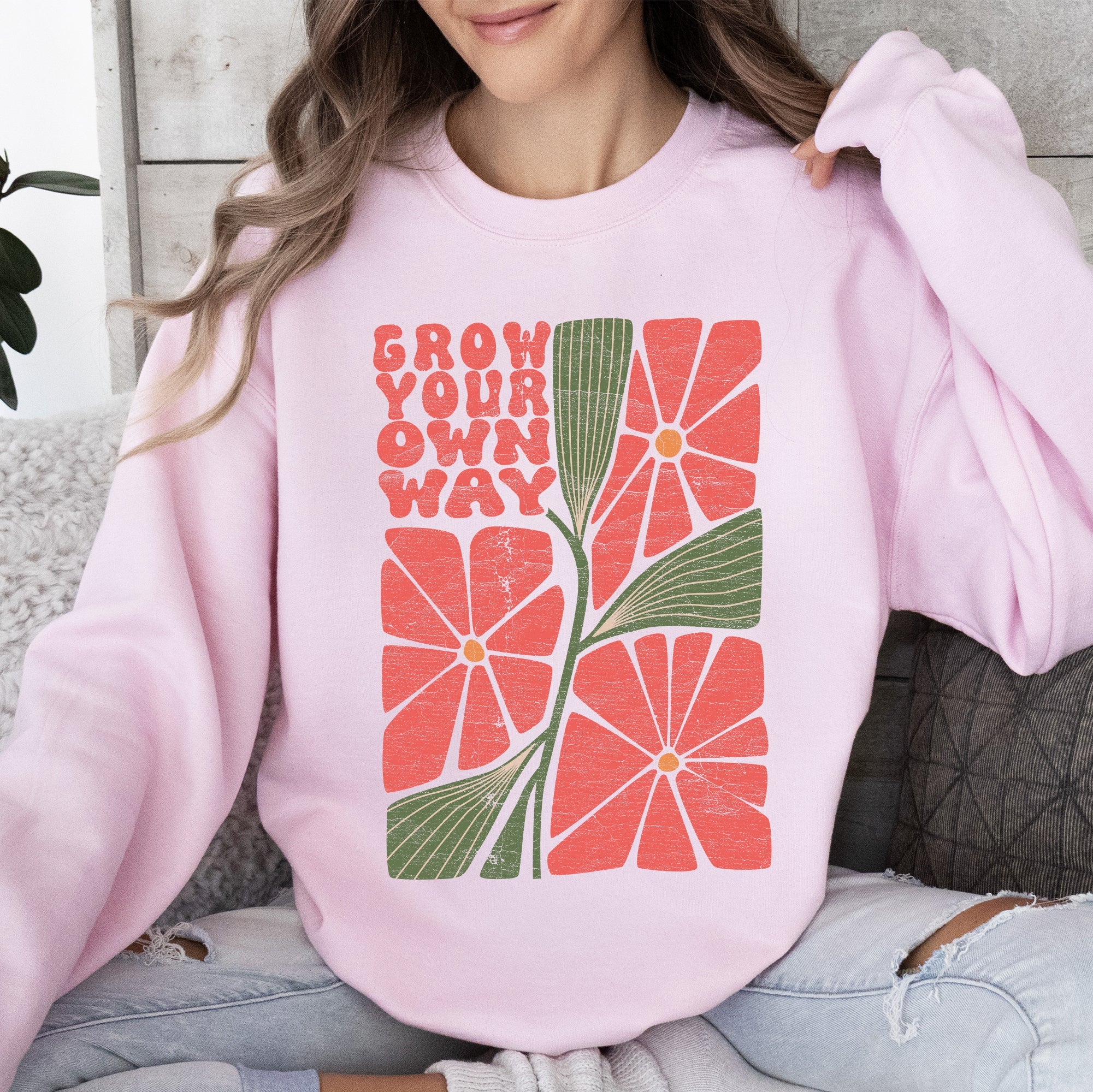 Grow Your Own Way, Retro Flowers Cozy Vintage Floral Graphic Print Edition Sweatshirt
