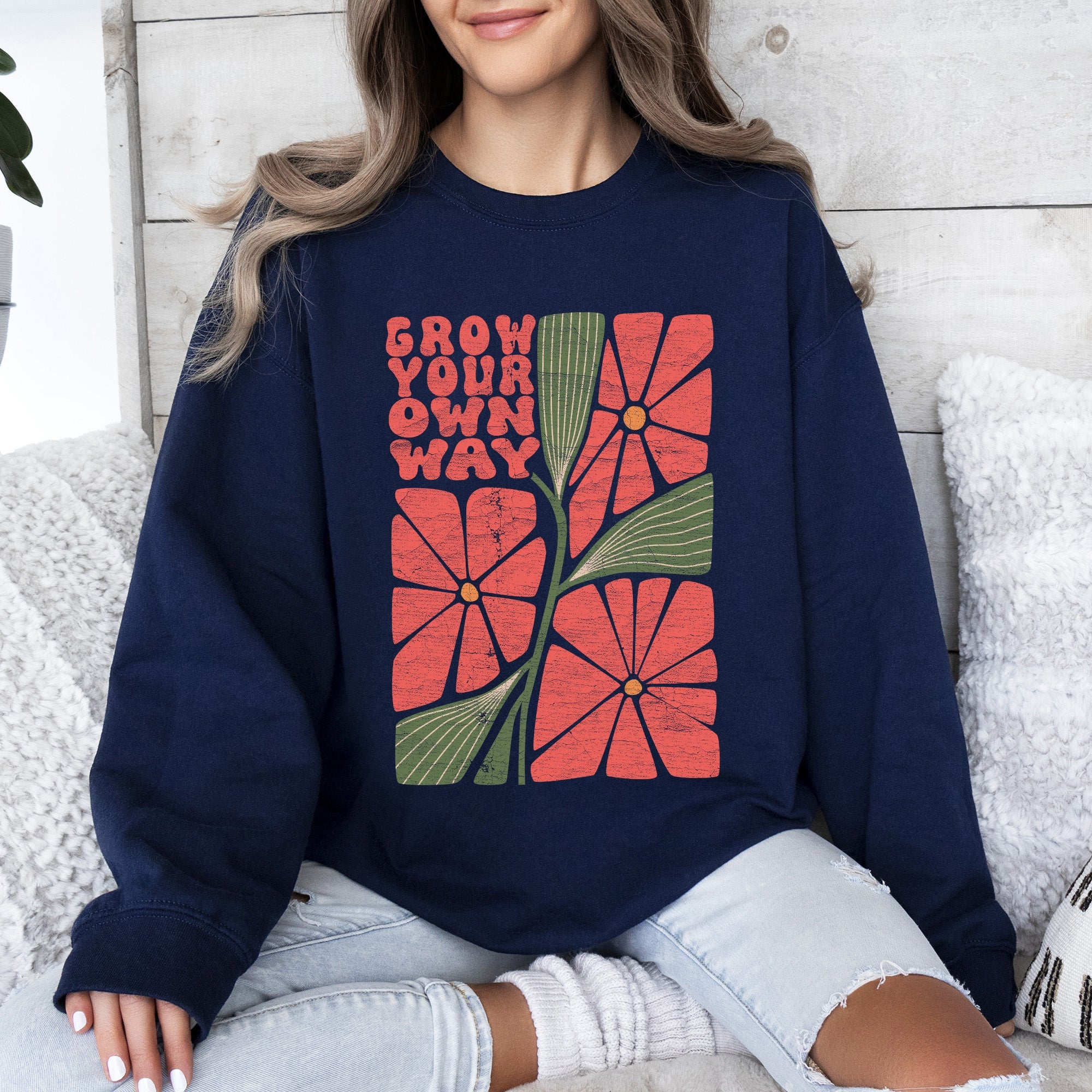 Grow Your Own Way, Retro Flowers Cozy Vintage Floral Graphic Print Edition Sweatshirt