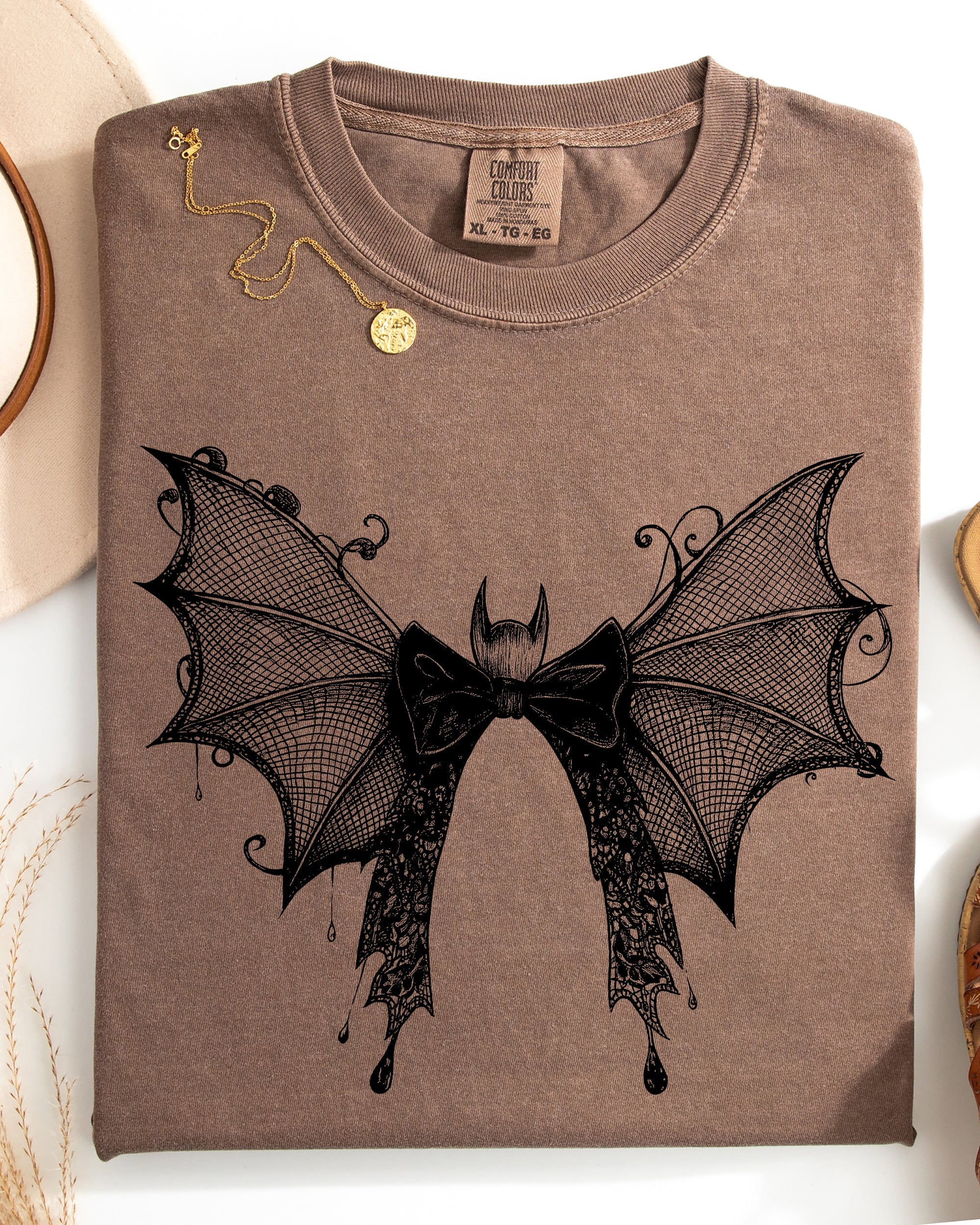 Halloween Bat With Delicate Lace Gothic Witch Silhouette And Spooky Night Motif Comfort Colors Tee