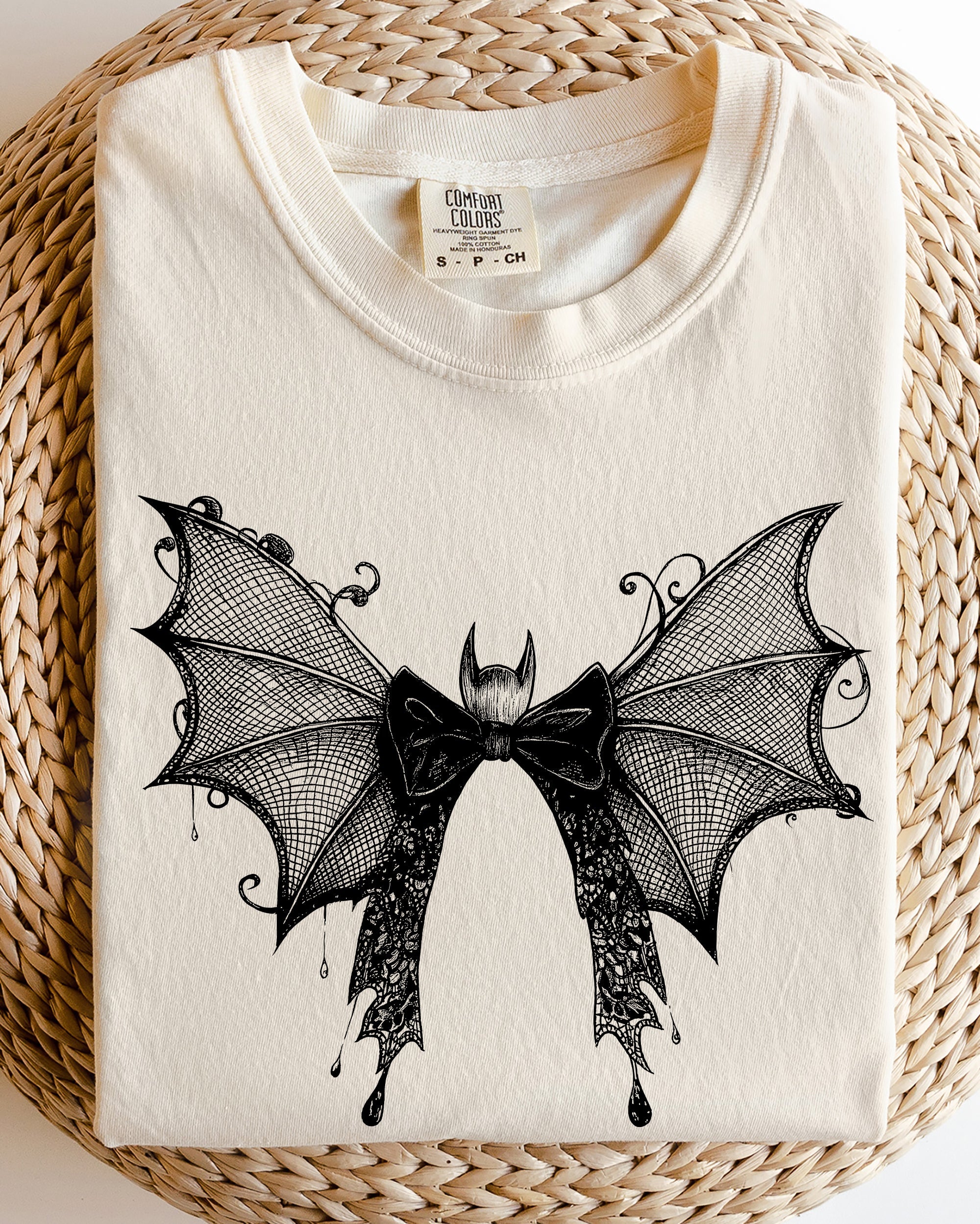 Halloween Bat With Delicate Lace Gothic Witch Silhouette And Spooky Night Motif Comfort Colors Tee