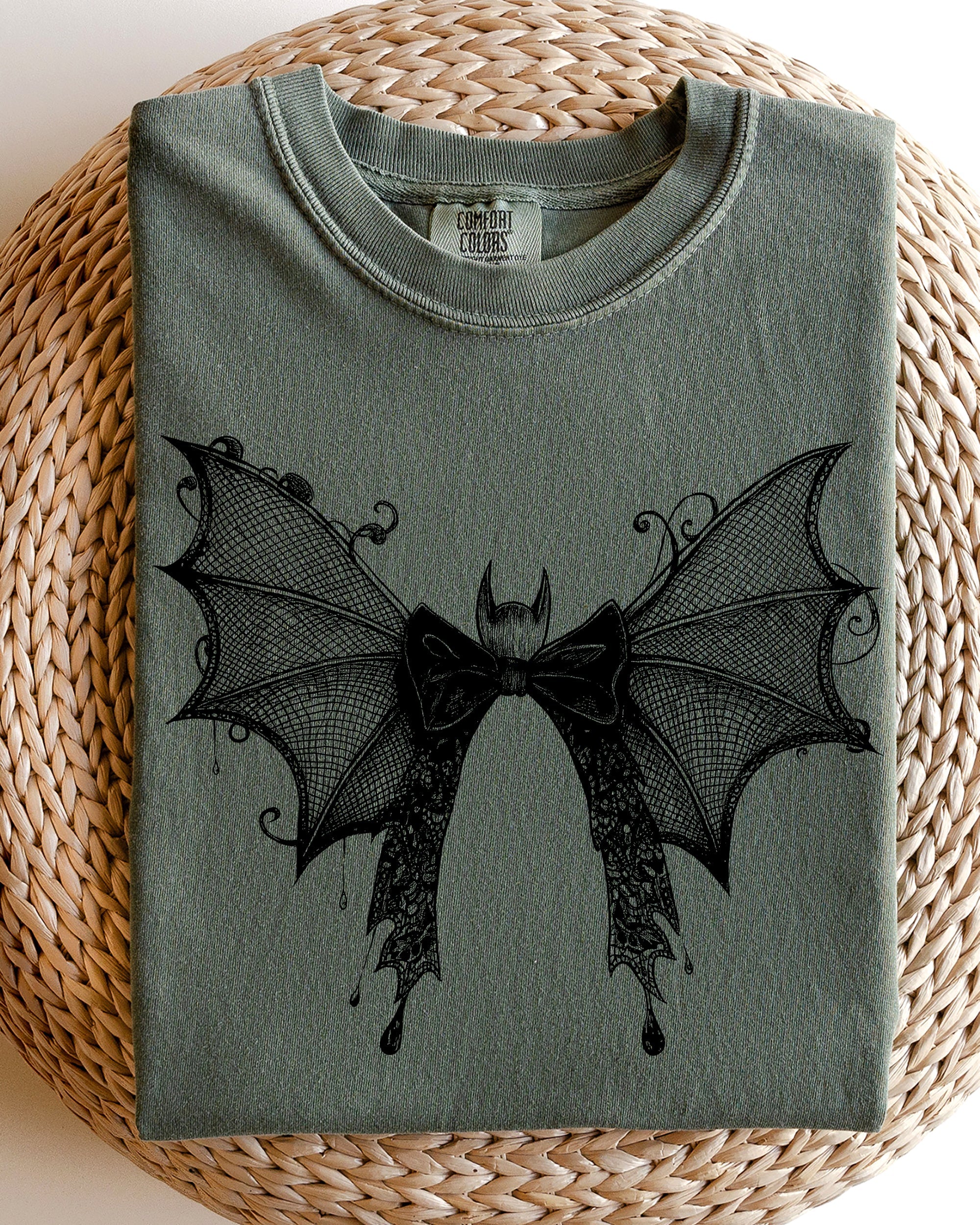Halloween Bat With Delicate Lace Gothic Witch Silhouette And Spooky Night Motif Comfort Colors Tee