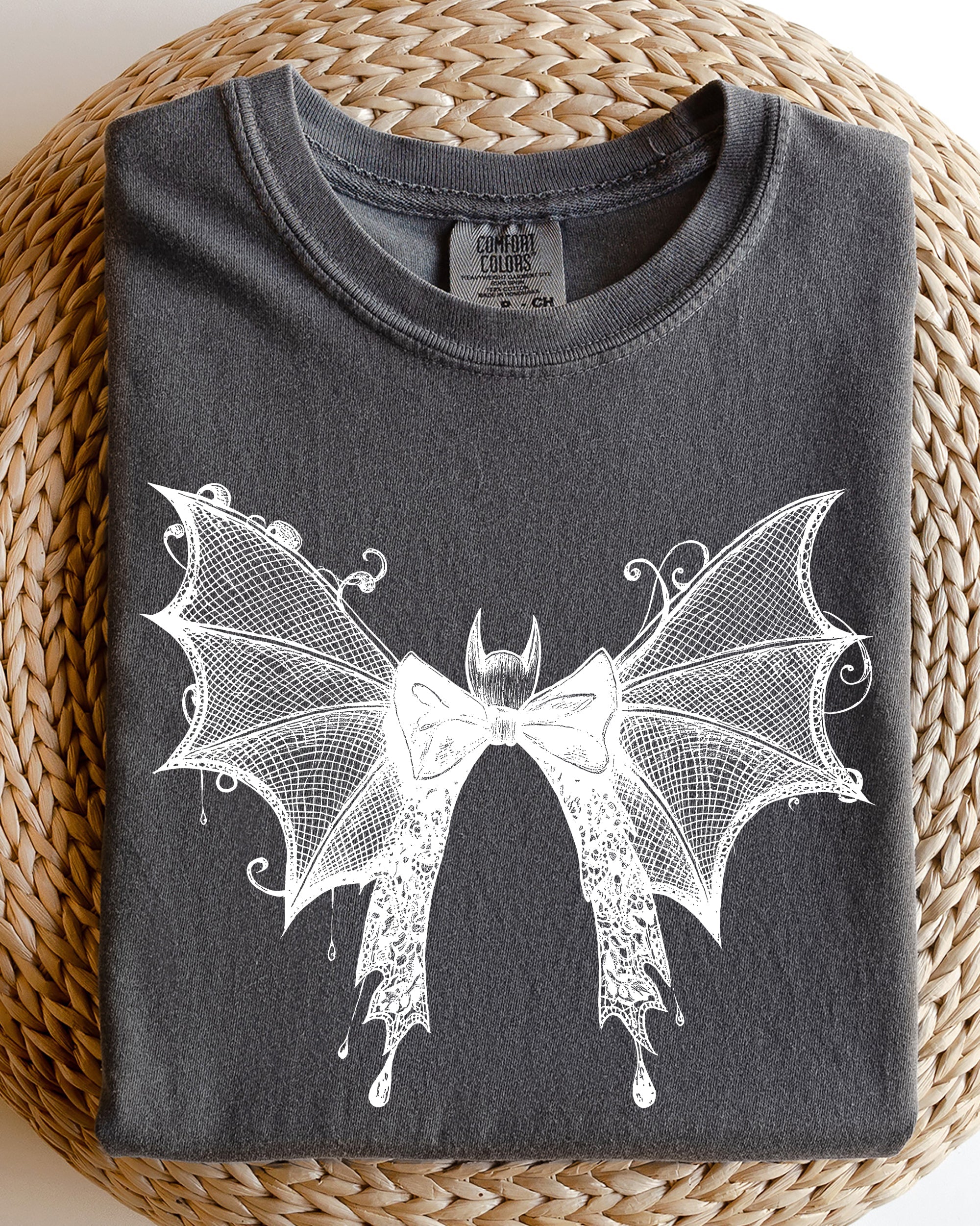 Halloween Bat With Delicate Lace Gothic Witch Silhouette And Spooky Night Motif Comfort Colors Tee