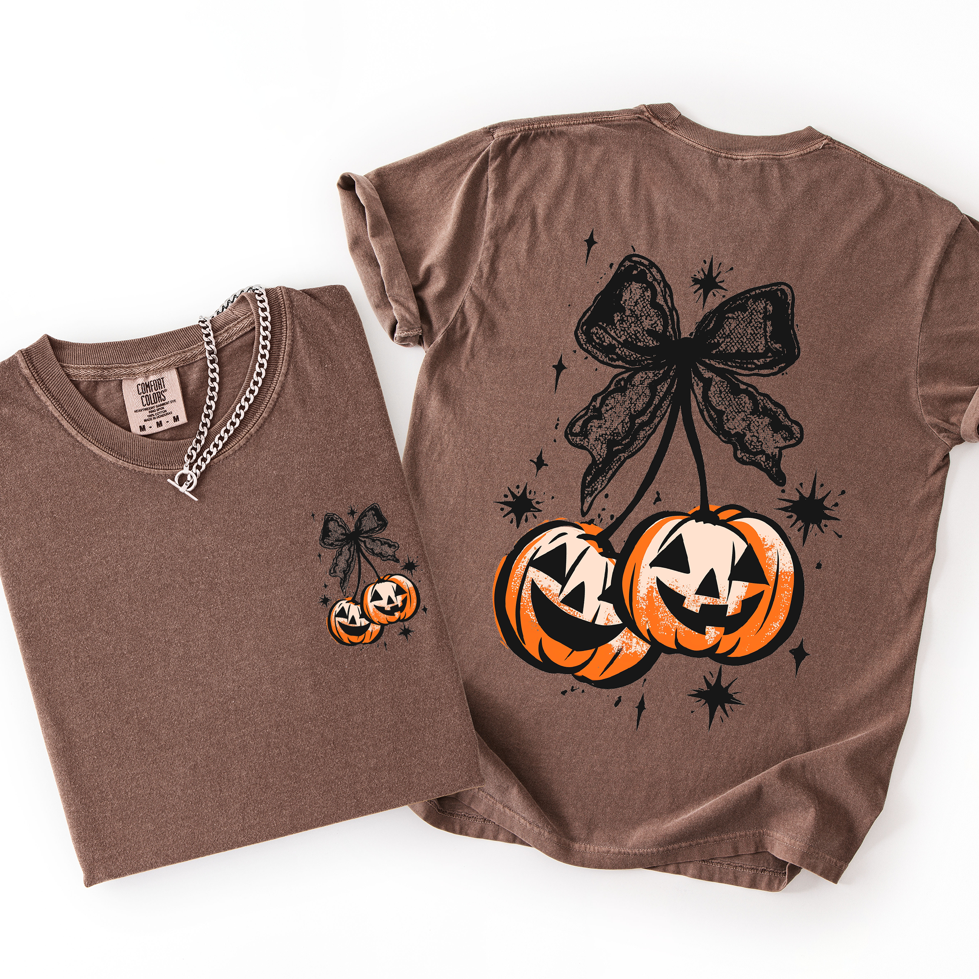 Halloween Cherry Pumpkins Whimsical Front And Back Print Colorful Graphic Soft Cotton Comfort Colors Tee