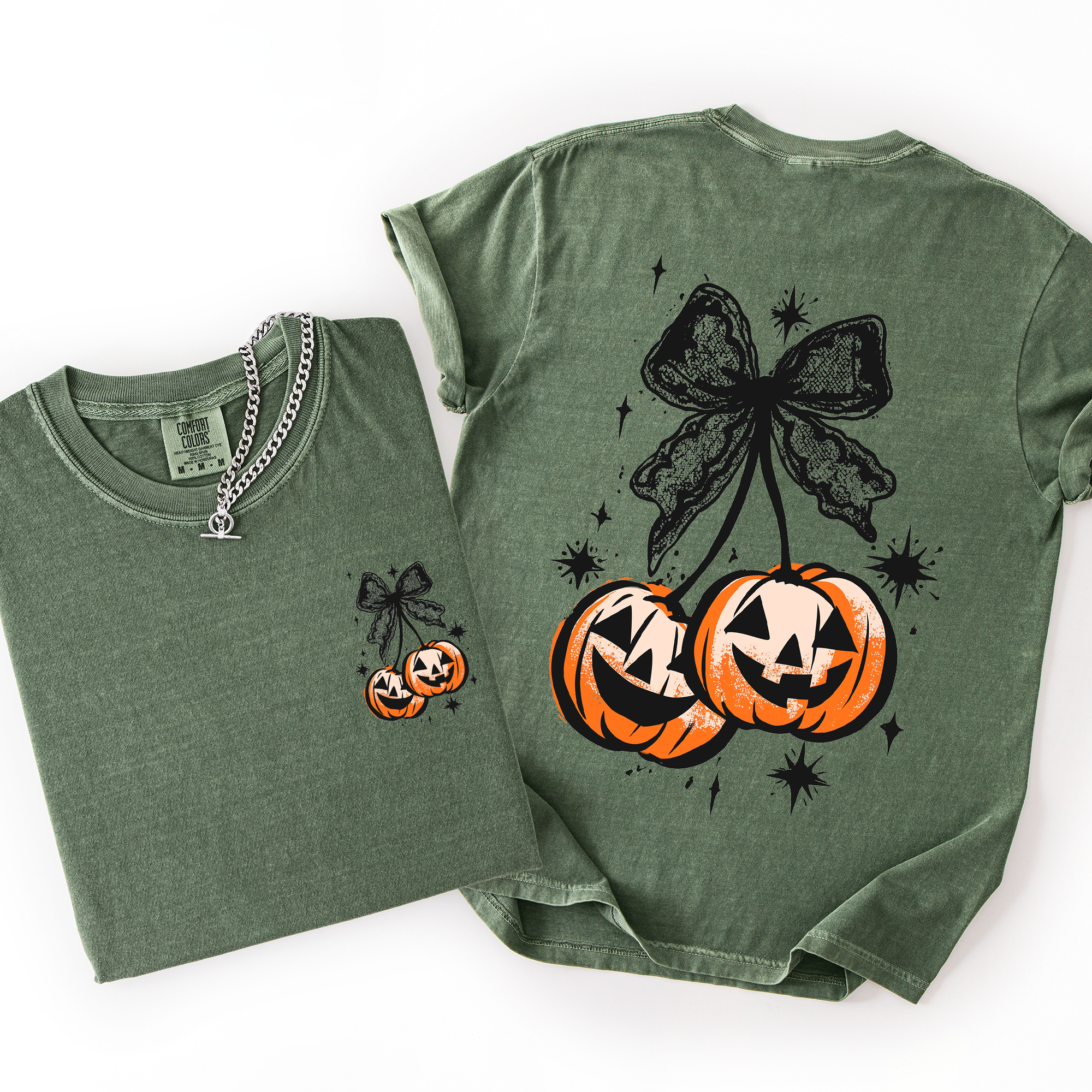 Halloween Cherry Pumpkins Whimsical Front And Back Print Colorful Graphic Soft Cotton Comfort Colors Tee