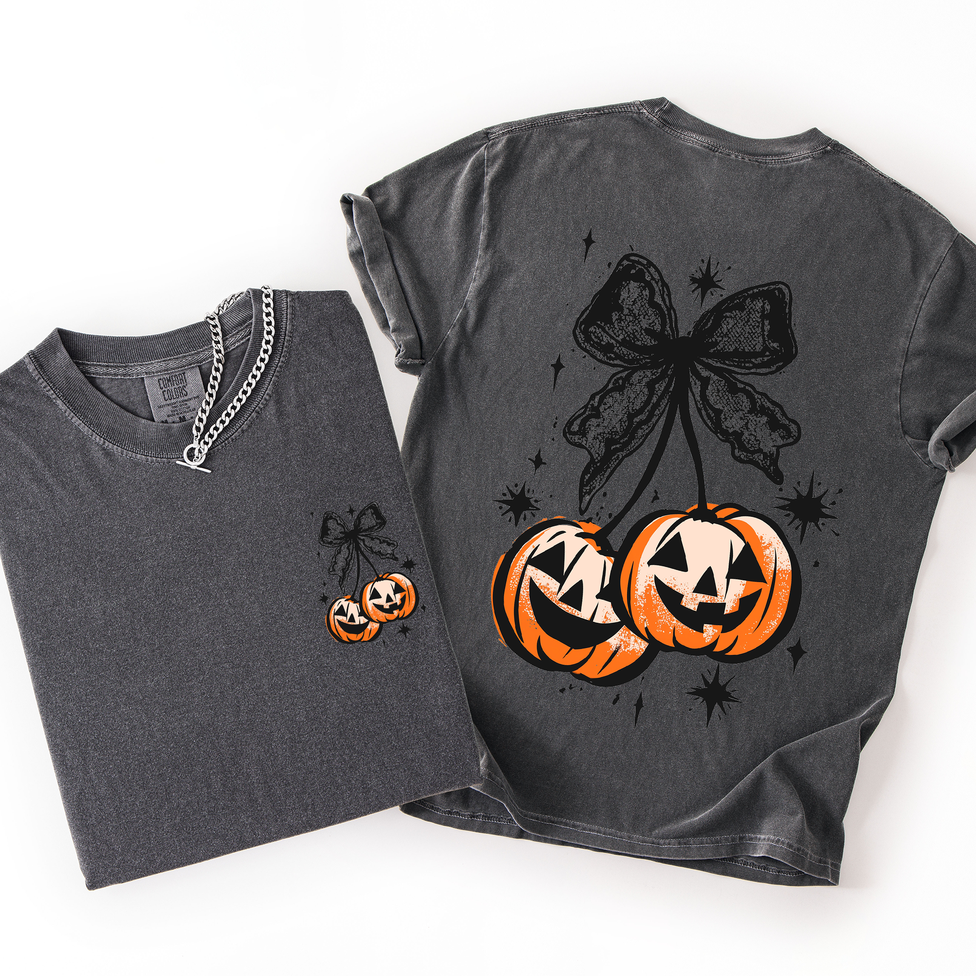 Halloween Cherry Pumpkins Whimsical Front And Back Print Colorful Graphic Soft Cotton Comfort Colors Tee