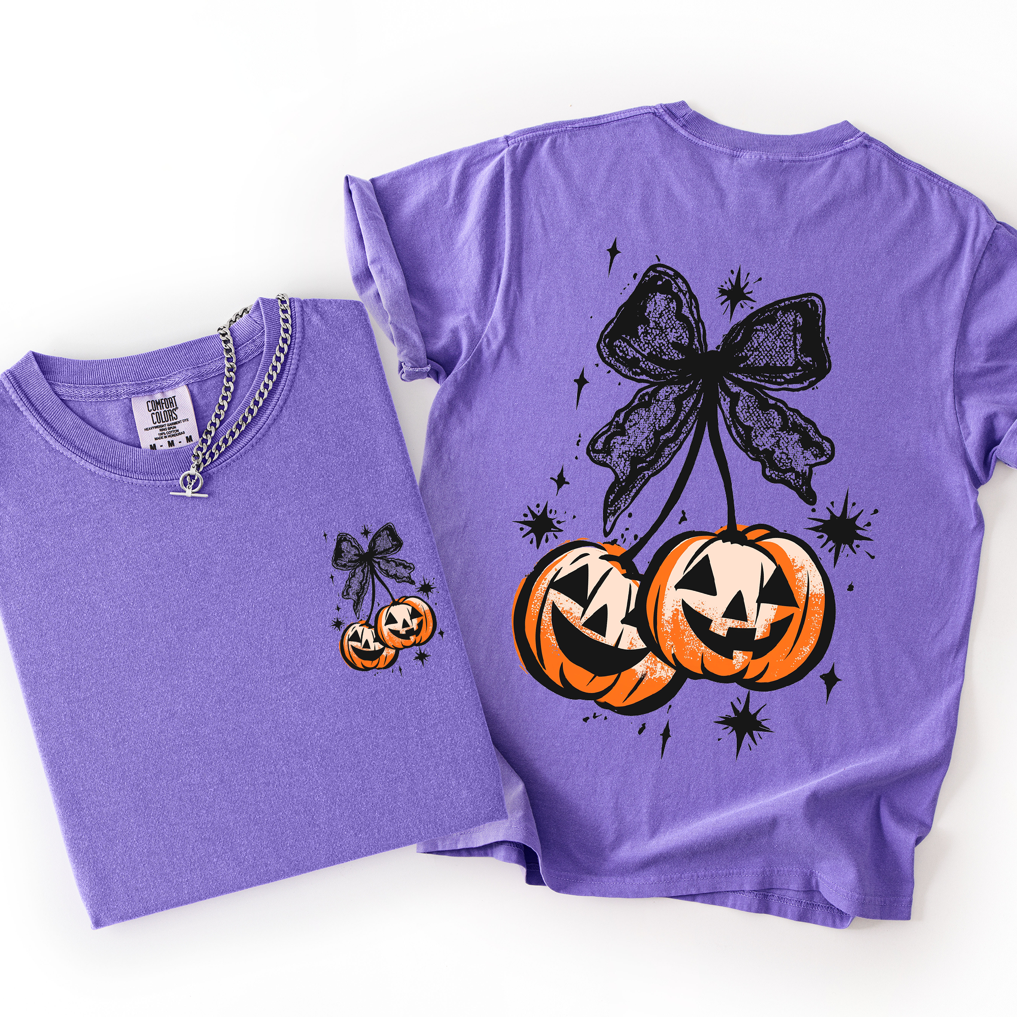 Halloween Cherry Pumpkins Whimsical Front And Back Print Colorful Graphic Soft Cotton Comfort Colors Tee