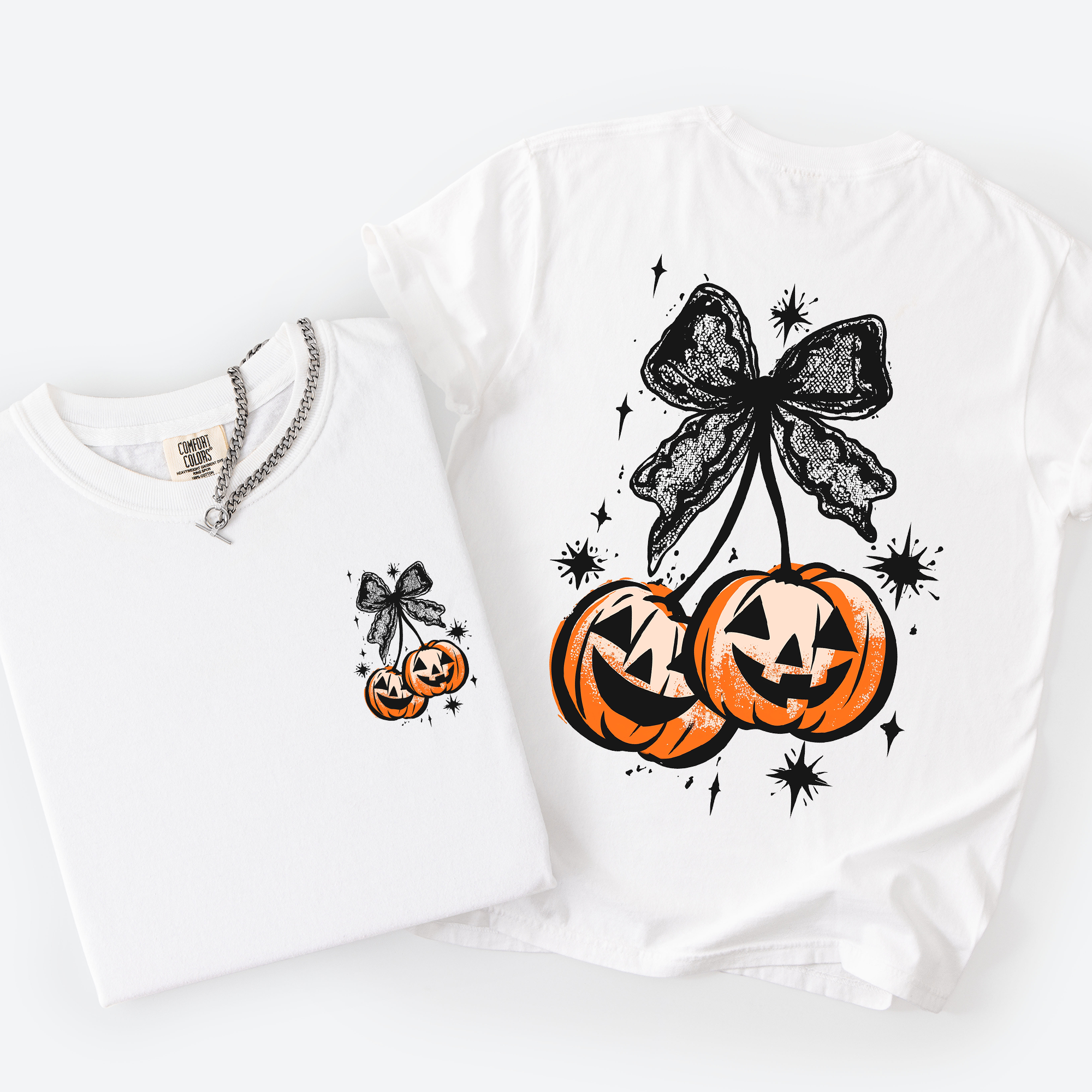 Halloween Cherry Pumpkins Whimsical Front And Back Print Colorful Graphic Soft Cotton Comfort Colors Tee