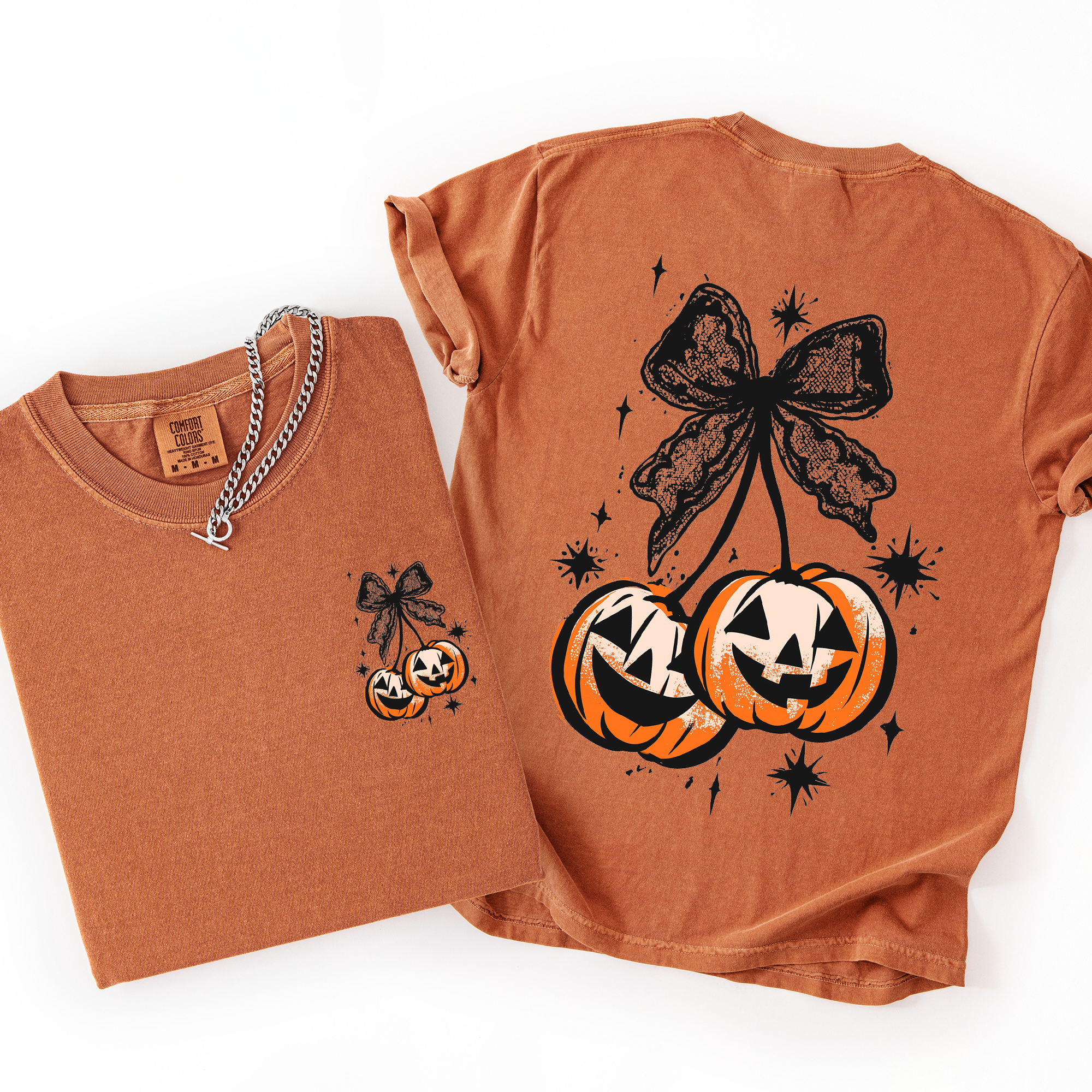 Halloween Cherry Pumpkins Whimsical Front And Back Print Colorful Graphic Soft Cotton Comfort Colors Tee