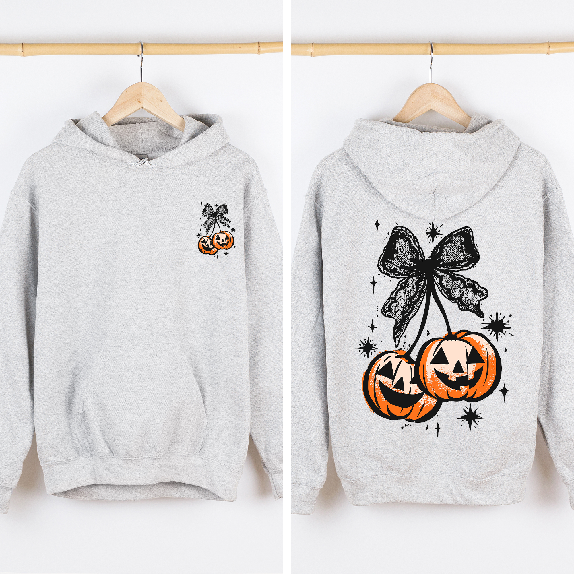 Halloween Cherry Pumpkins Front And Back Vintage Cartoon Style Illustrations Autumn Night Theme Graphic Hoodie