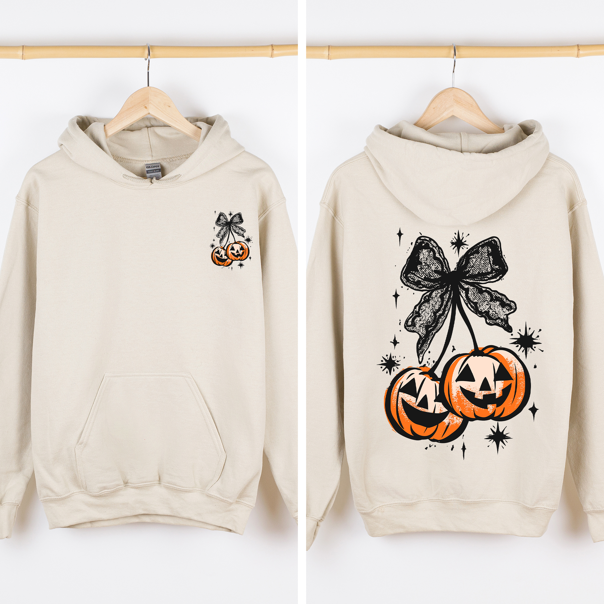 Halloween Cherry Pumpkins Front And Back Vintage Cartoon Style Illustrations Autumn Night Theme Graphic Hoodie