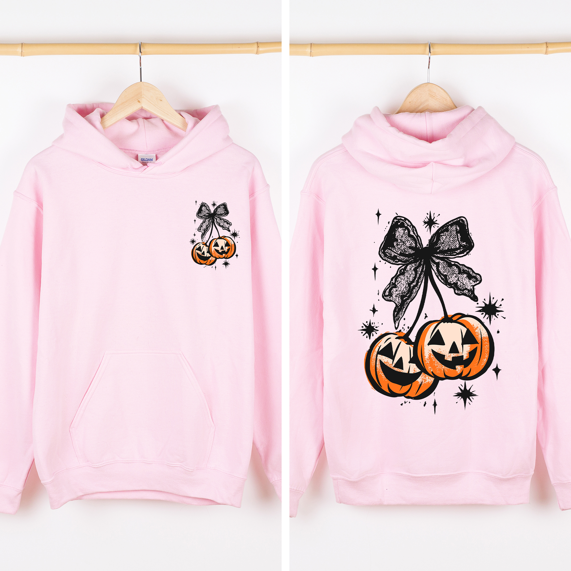 Halloween Cherry Pumpkins Front And Back Vintage Cartoon Style Illustrations Autumn Night Theme Graphic Hoodie