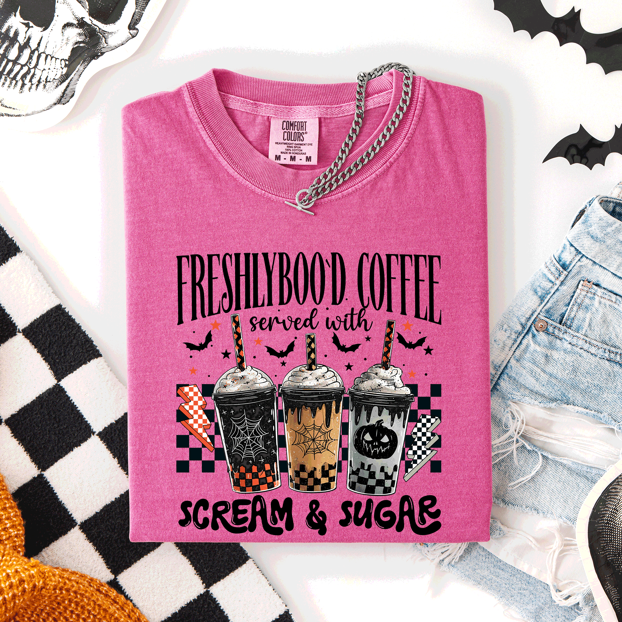Freshly Boo'd Halloween Coffee Witch Spooky Cozy Night Vibes Graphic Comfort Colors Tee