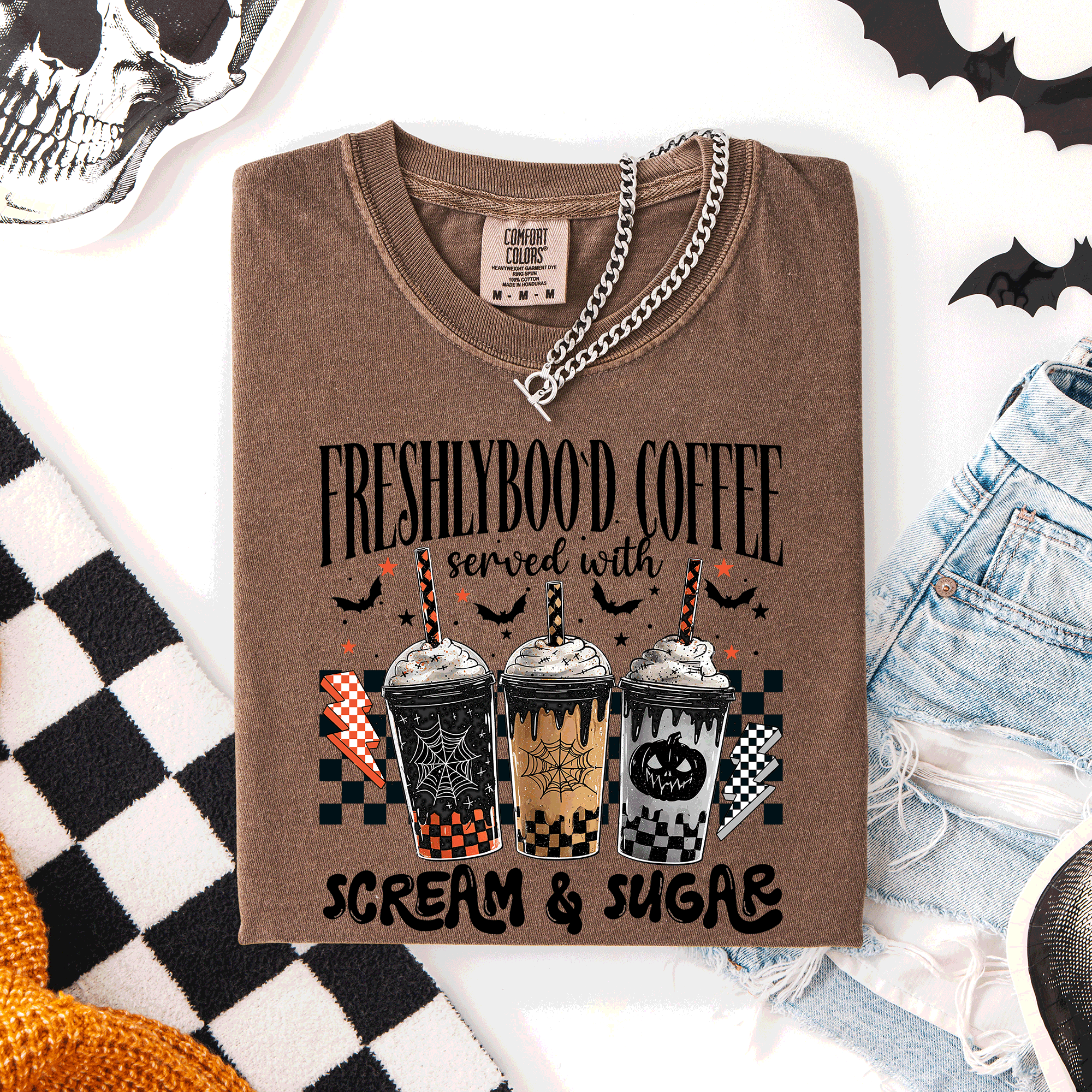 Freshly Boo'd Halloween Coffee Witch Spooky Cozy Night Vibes Graphic Comfort Colors Tee