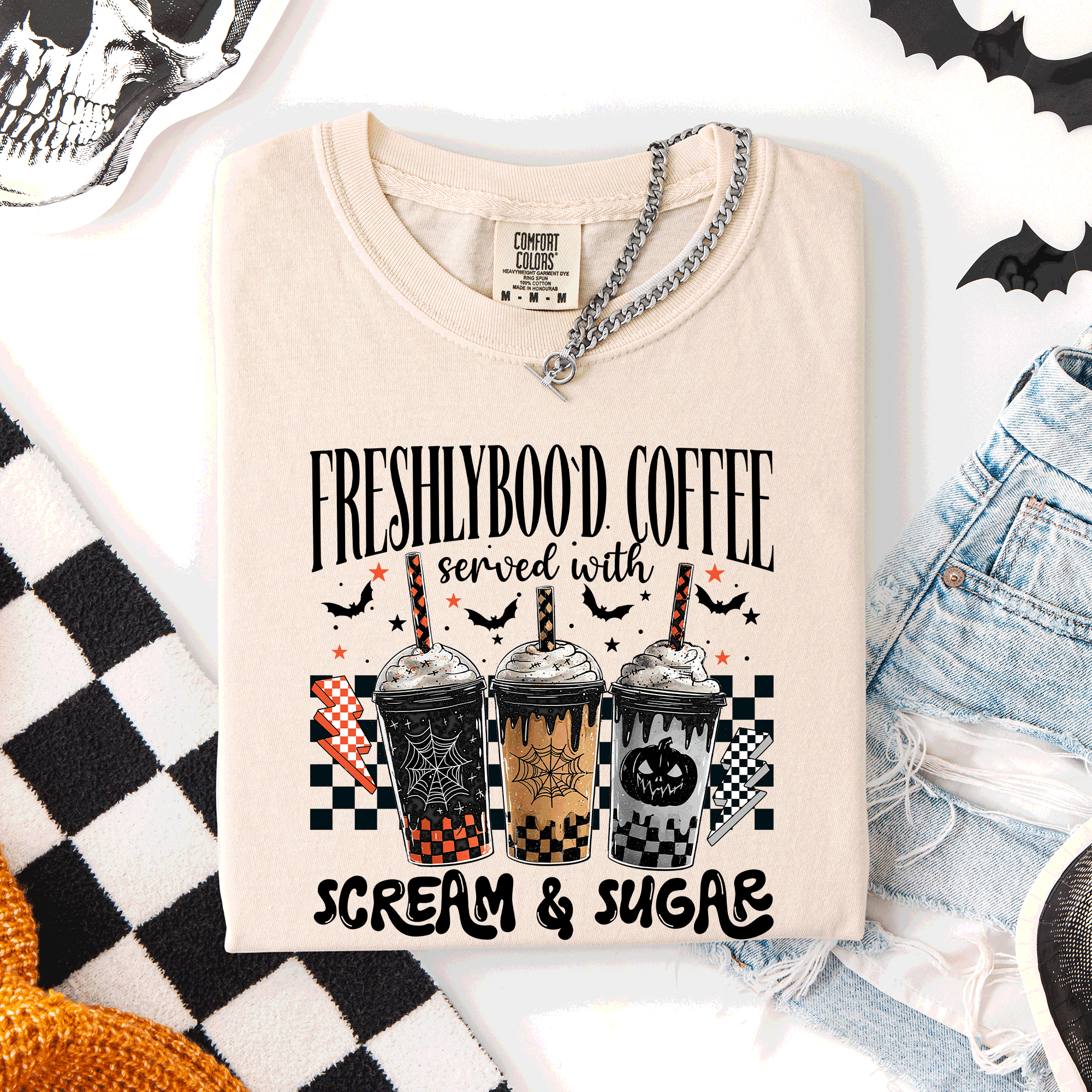 Freshly Boo'd Halloween Coffee Witch Spooky Cozy Night Vibes Graphic Comfort Colors Tee