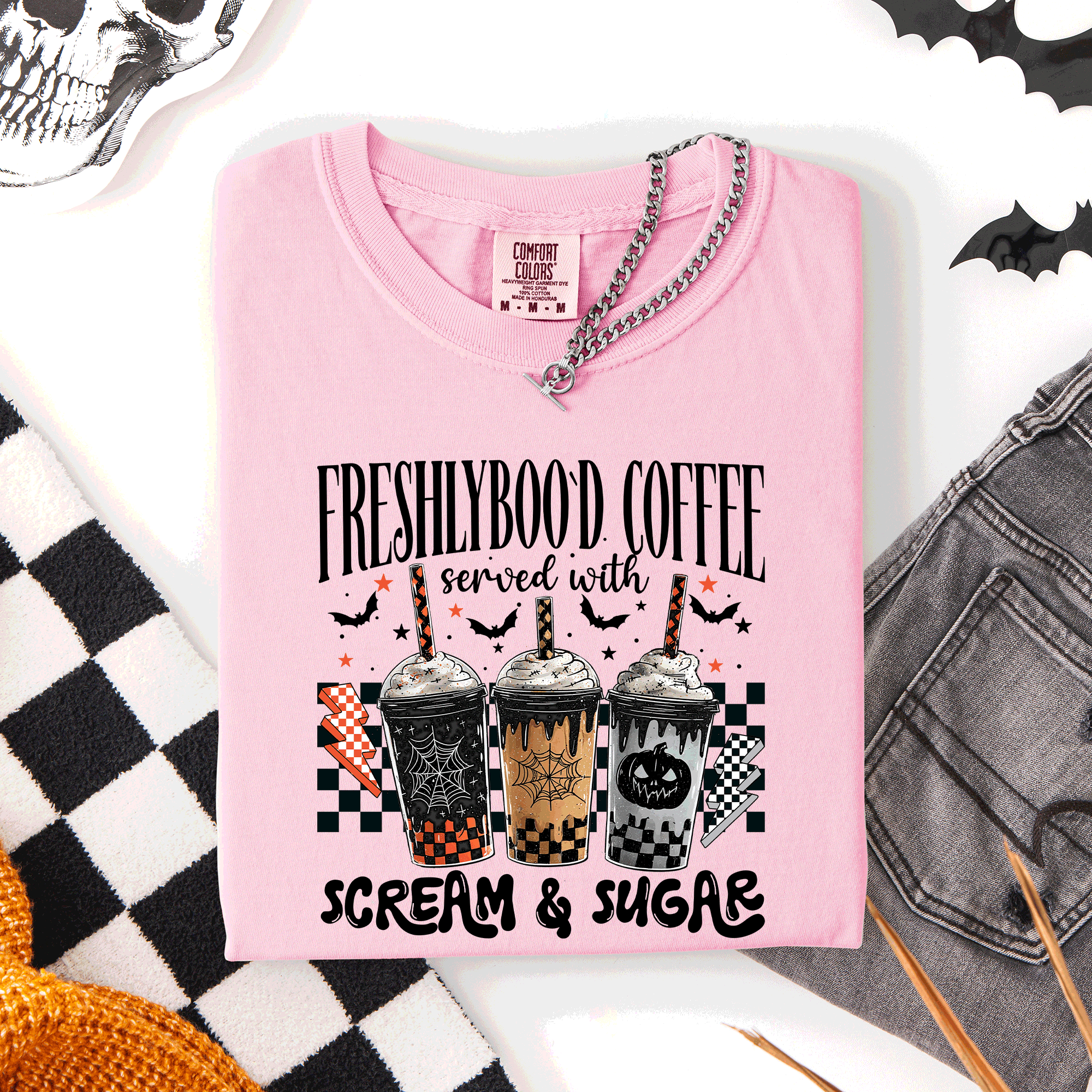 Freshly Boo'd Halloween Coffee Witch Spooky Cozy Night Vibes Graphic Comfort Colors Tee