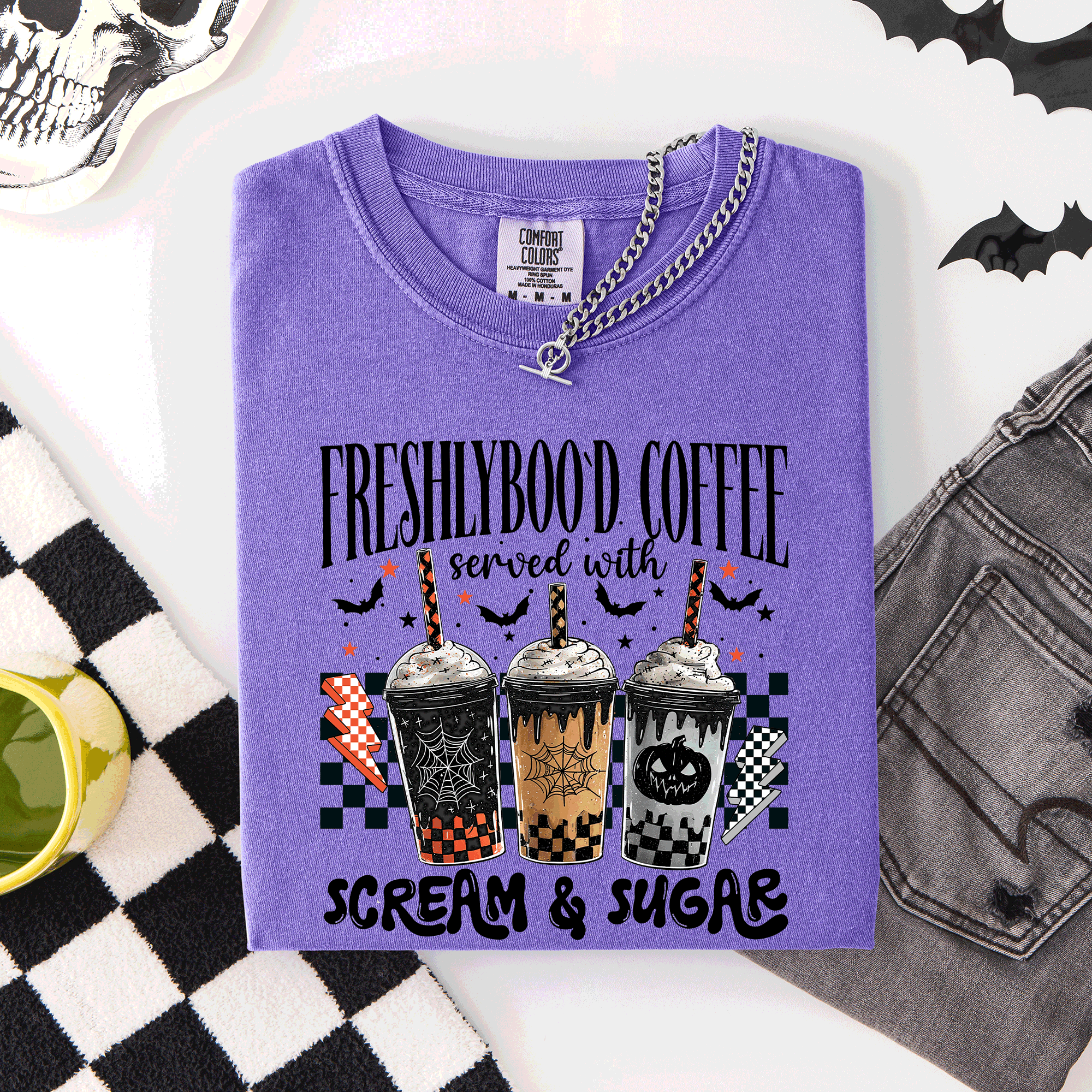 Freshly Boo'd Halloween Coffee Witch Spooky Cozy Night Vibes Graphic Comfort Colors Tee