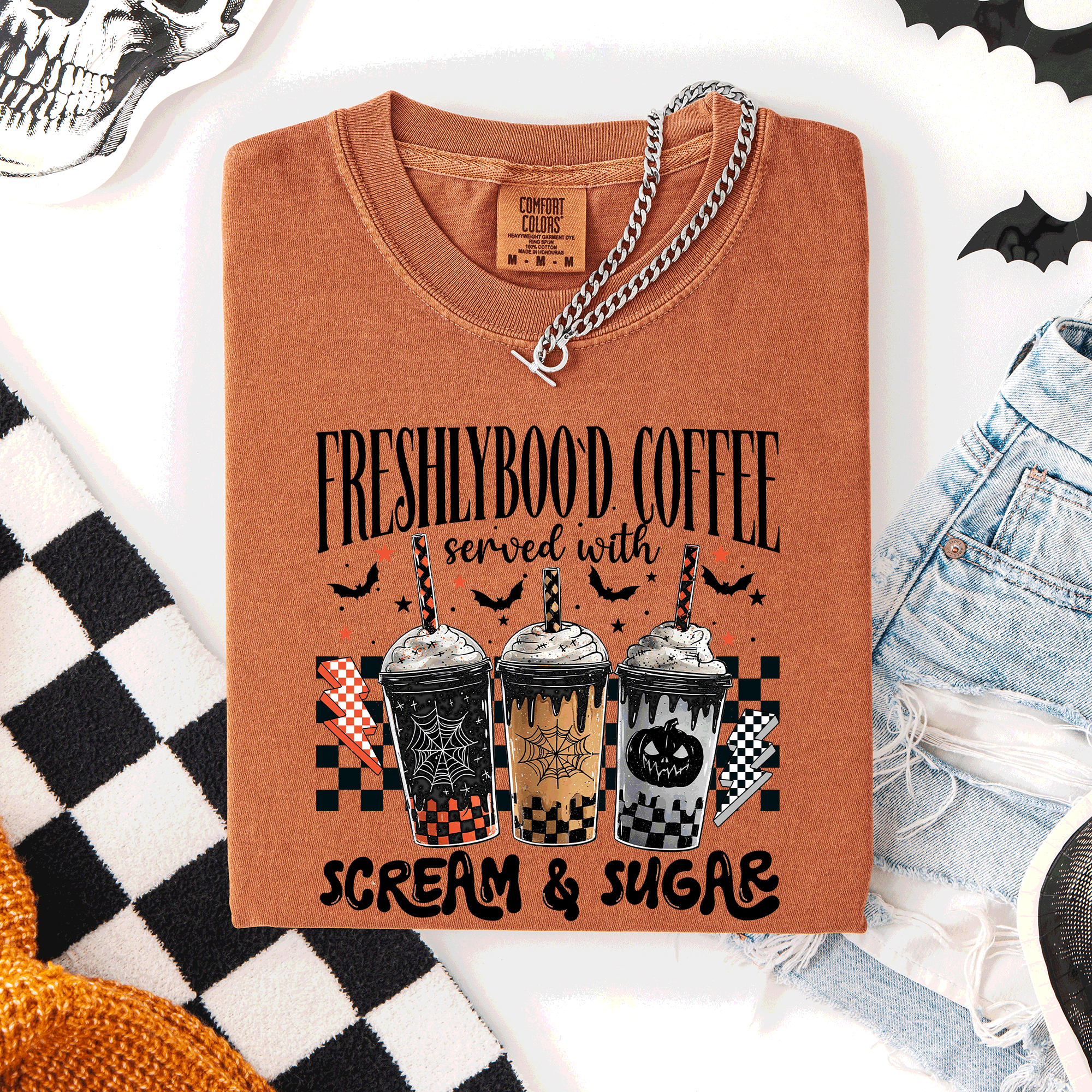 Freshly Boo'd Halloween Coffee Witch Spooky Cozy Night Vibes Graphic Comfort Colors Tee