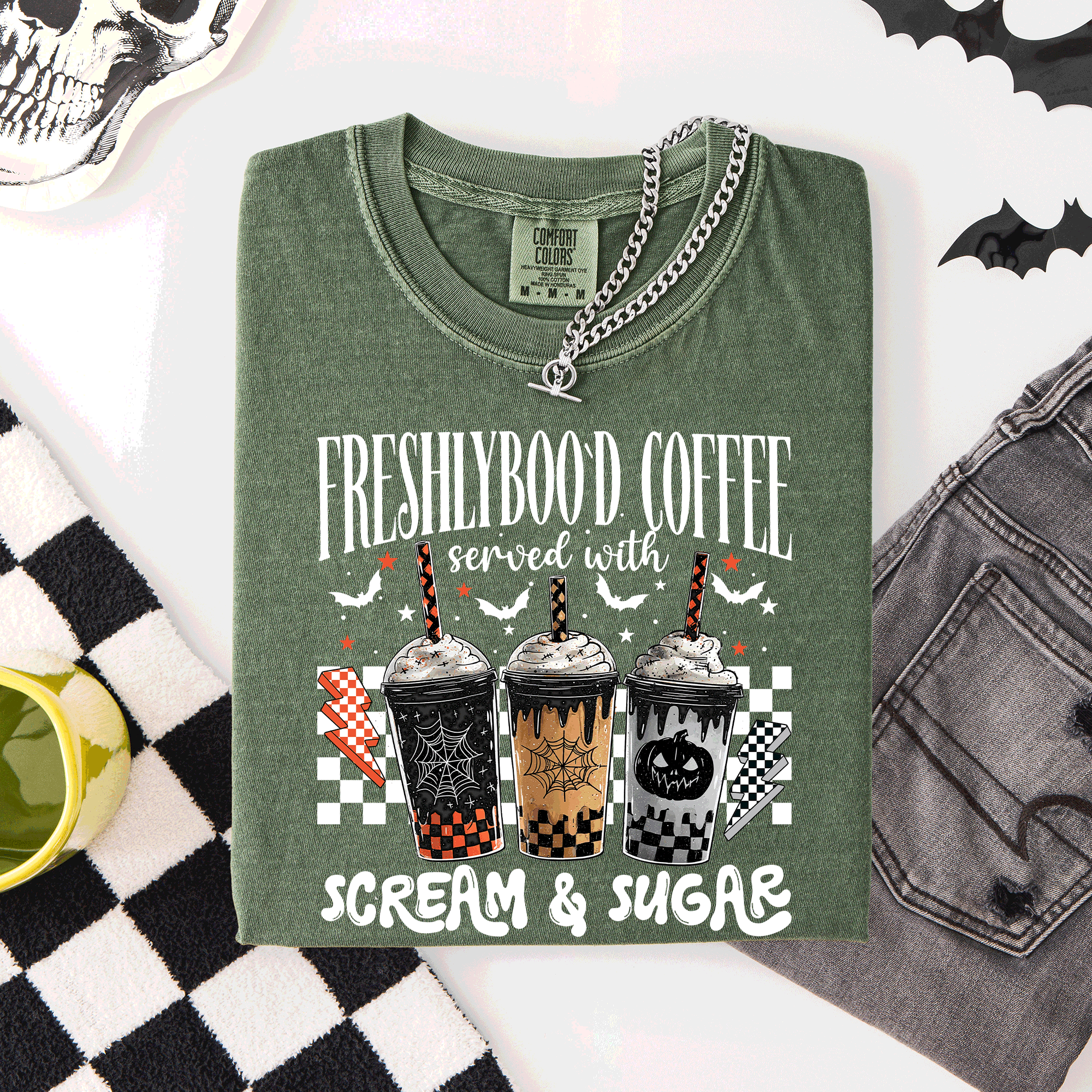 Freshly Boo'd Halloween Coffee Witch Spooky Cozy Night Vibes Graphic Comfort Colors Tee