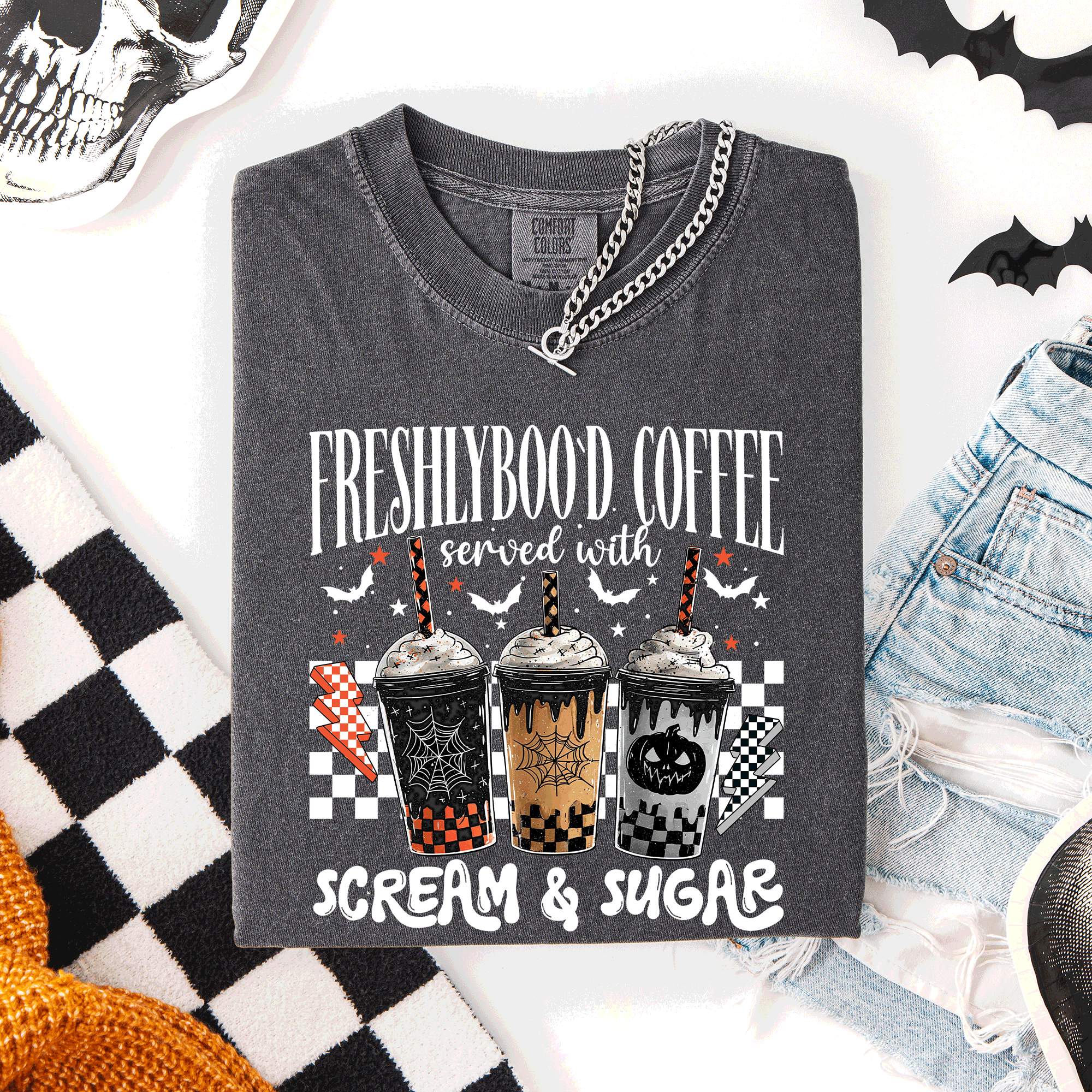 Freshly Boo'd Halloween Coffee Witch Spooky Cozy Night Vibes Graphic Comfort Colors Tee