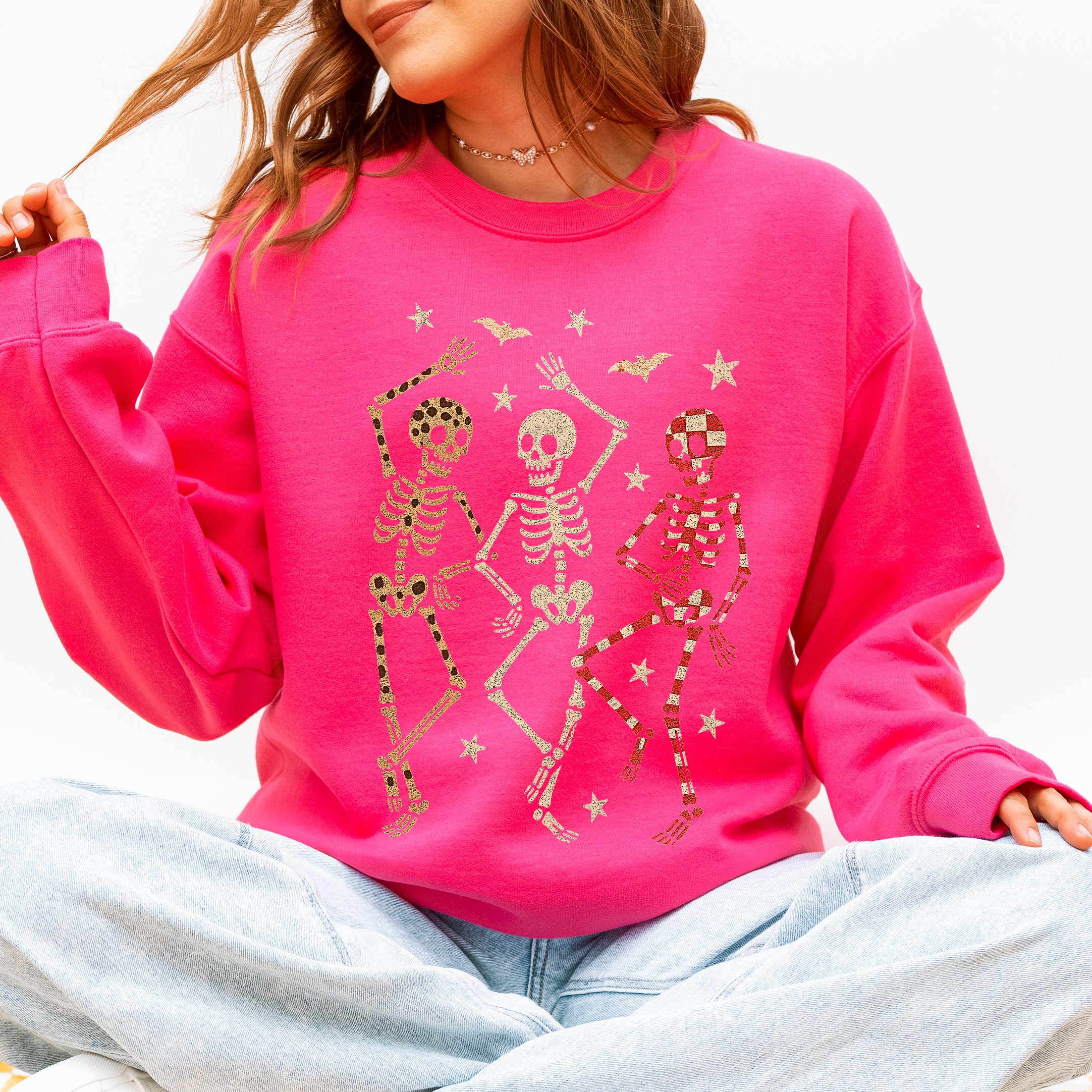Halloween Dancing Skeletons Retro Leopard Checker Cherry Print Spooky Season Graphic Sweatshirt