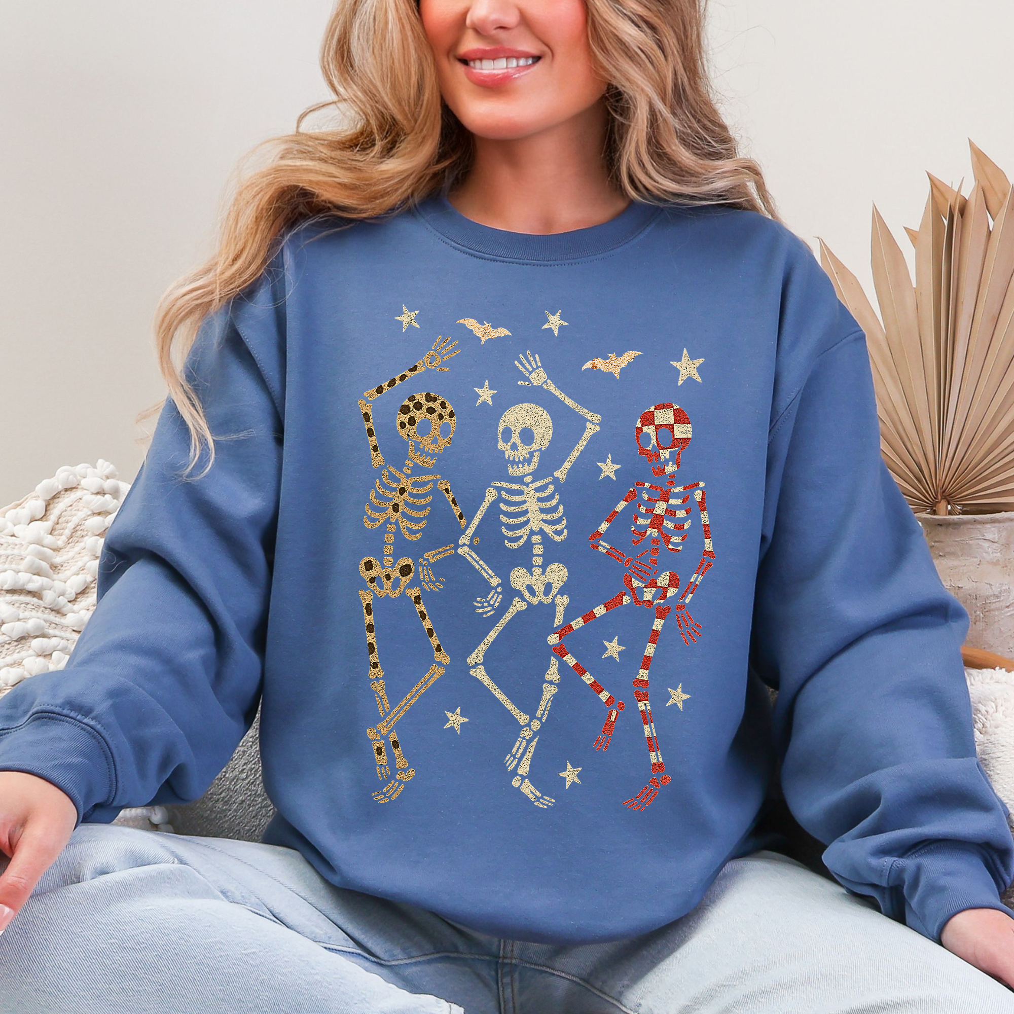 Halloween Dancing Skeletons Retro Leopard Checker Cherry Print Spooky Season Graphic Sweatshirt