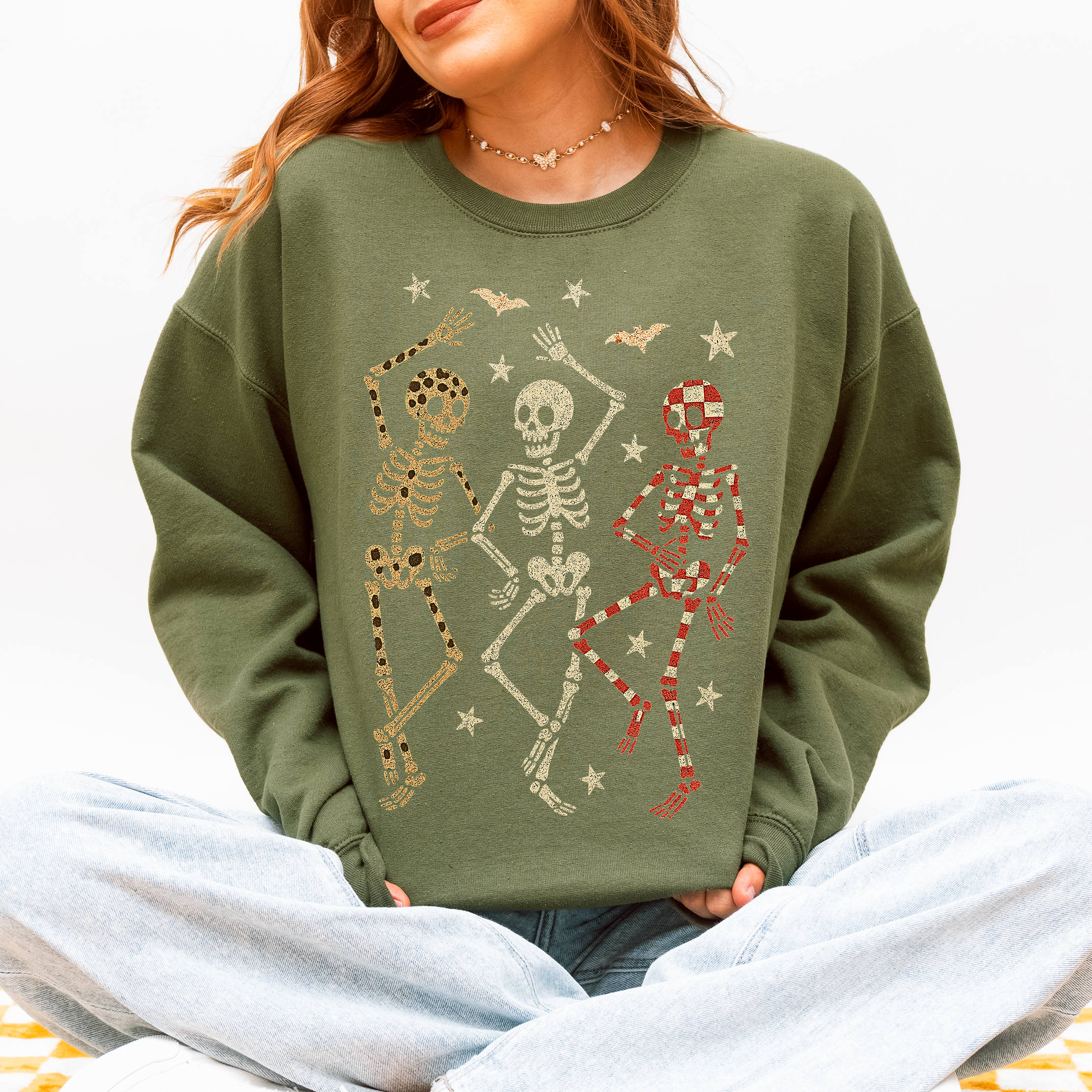Halloween Dancing Skeletons Retro Leopard Checker Cherry Print Spooky Season Graphic Sweatshirt