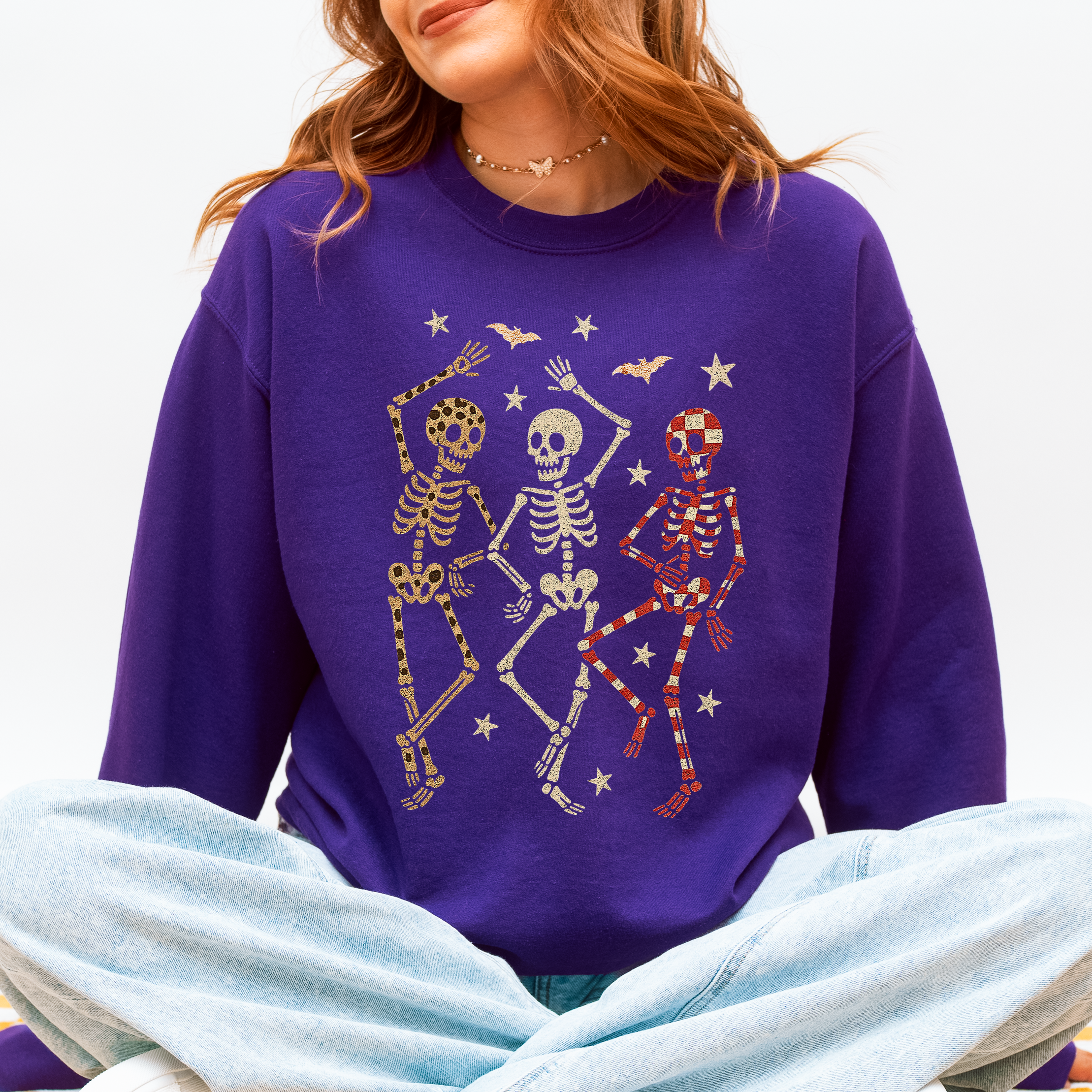 Halloween Dancing Skeletons Retro Leopard Checker Cherry Print Spooky Season Graphic Sweatshirt