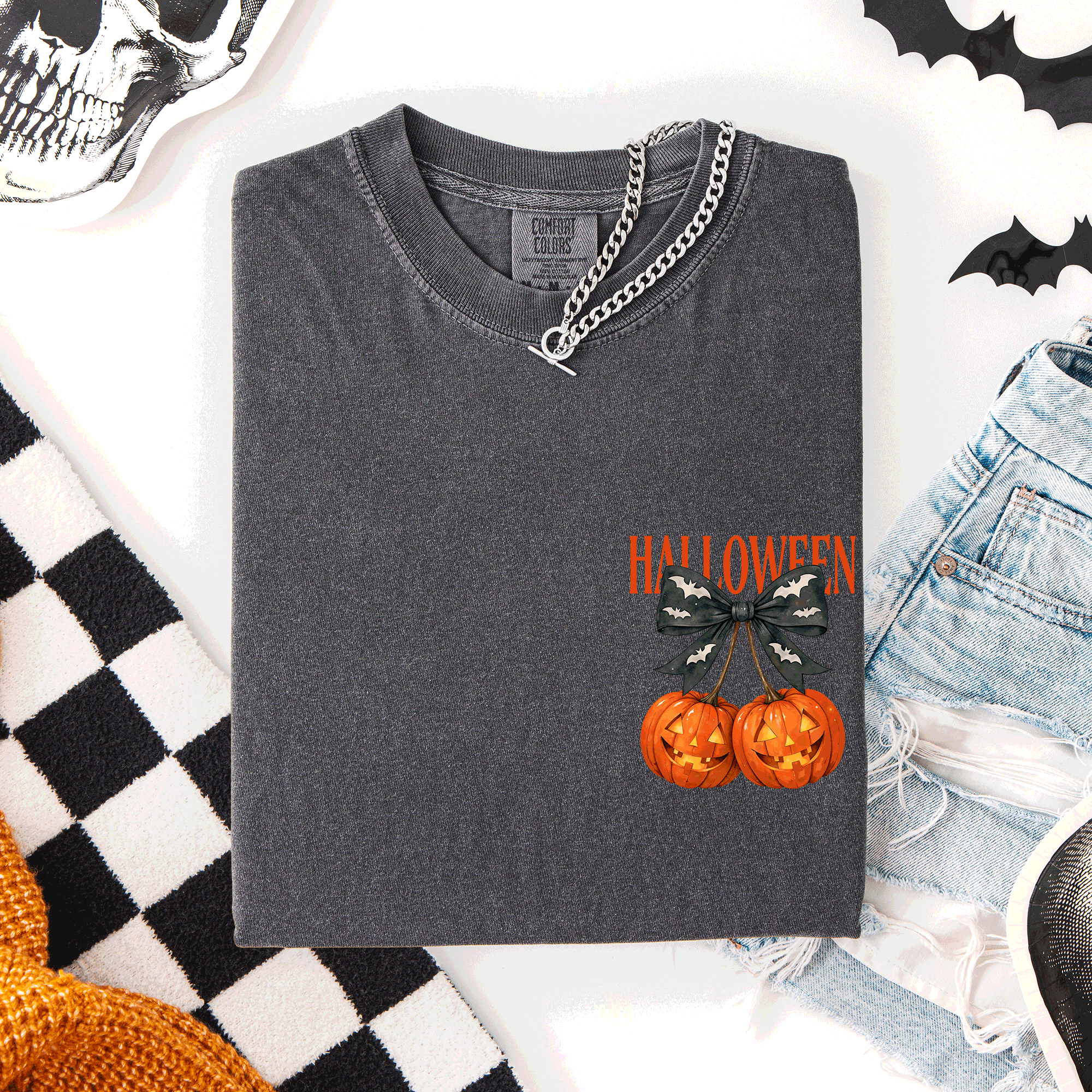 Halloween Jack O Lanterns Pocket Cherry Coquette Graphic Elements Comfort Colors Tee