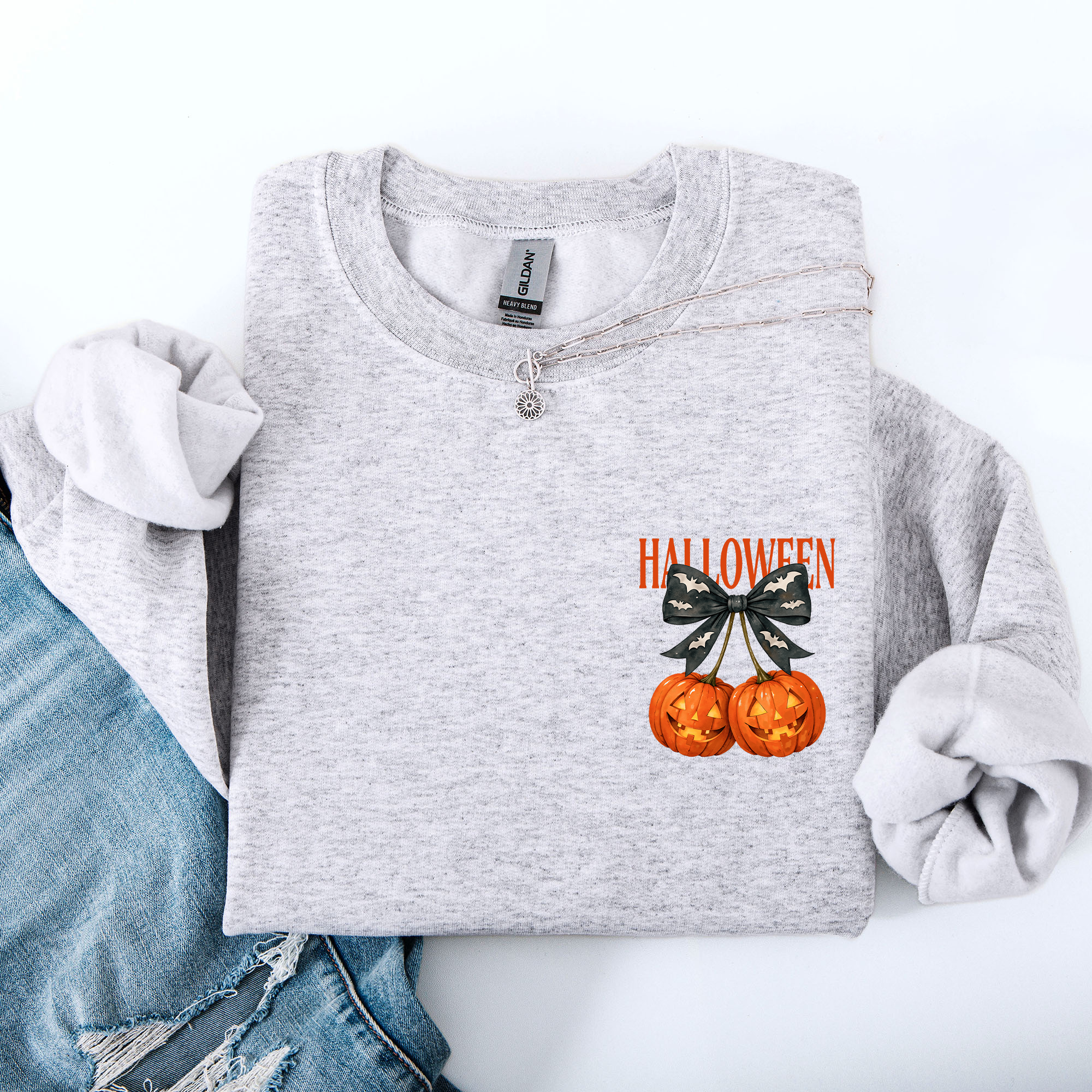Halloween Jack o Lanterns Cherry Coquette Graphic Print Cozy Autumn Collection Pocket Sweatshirt