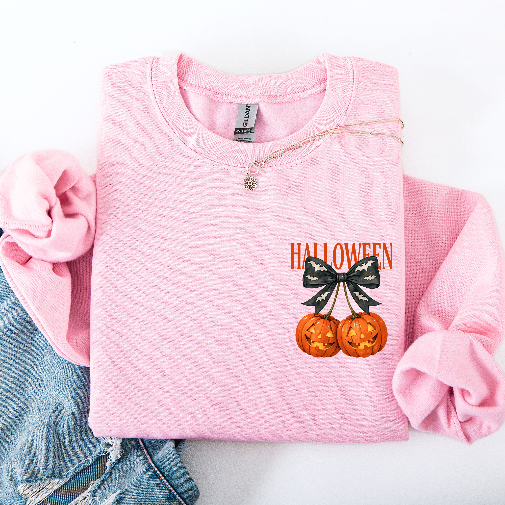 Halloween Jack o Lanterns Cherry Coquette Graphic Print Cozy Autumn Collection Pocket Sweatshirt
