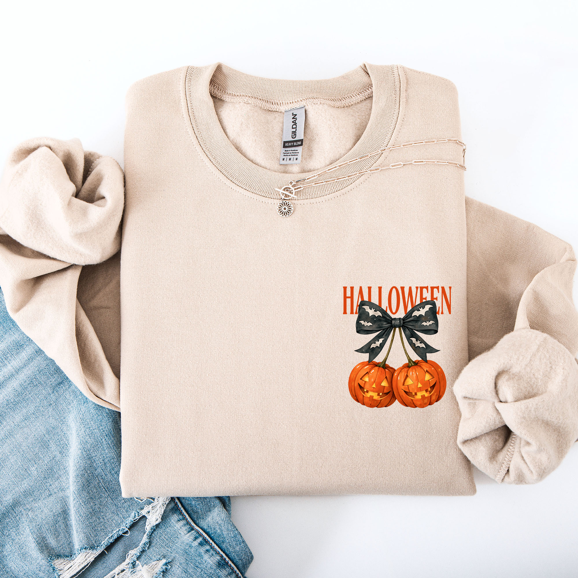 Halloween Jack o Lanterns Cherry Coquette Graphic Print Cozy Autumn Collection Pocket Sweatshirt