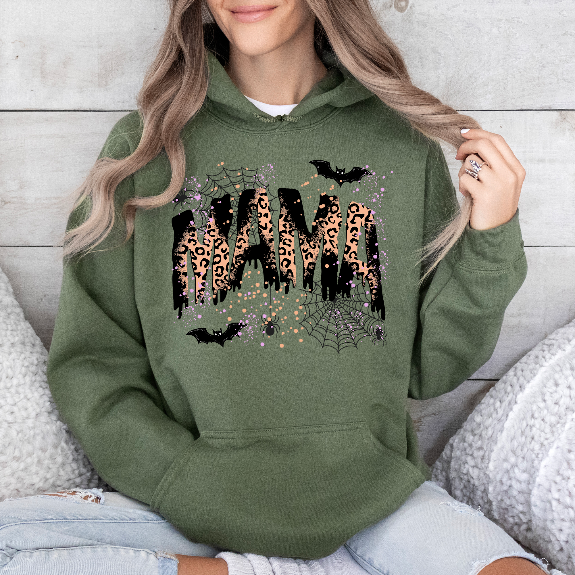 Halloween Mama Leopard Spooky Season Boo Family Photo Ready Cozy Leopard Print Graphic Hoodie