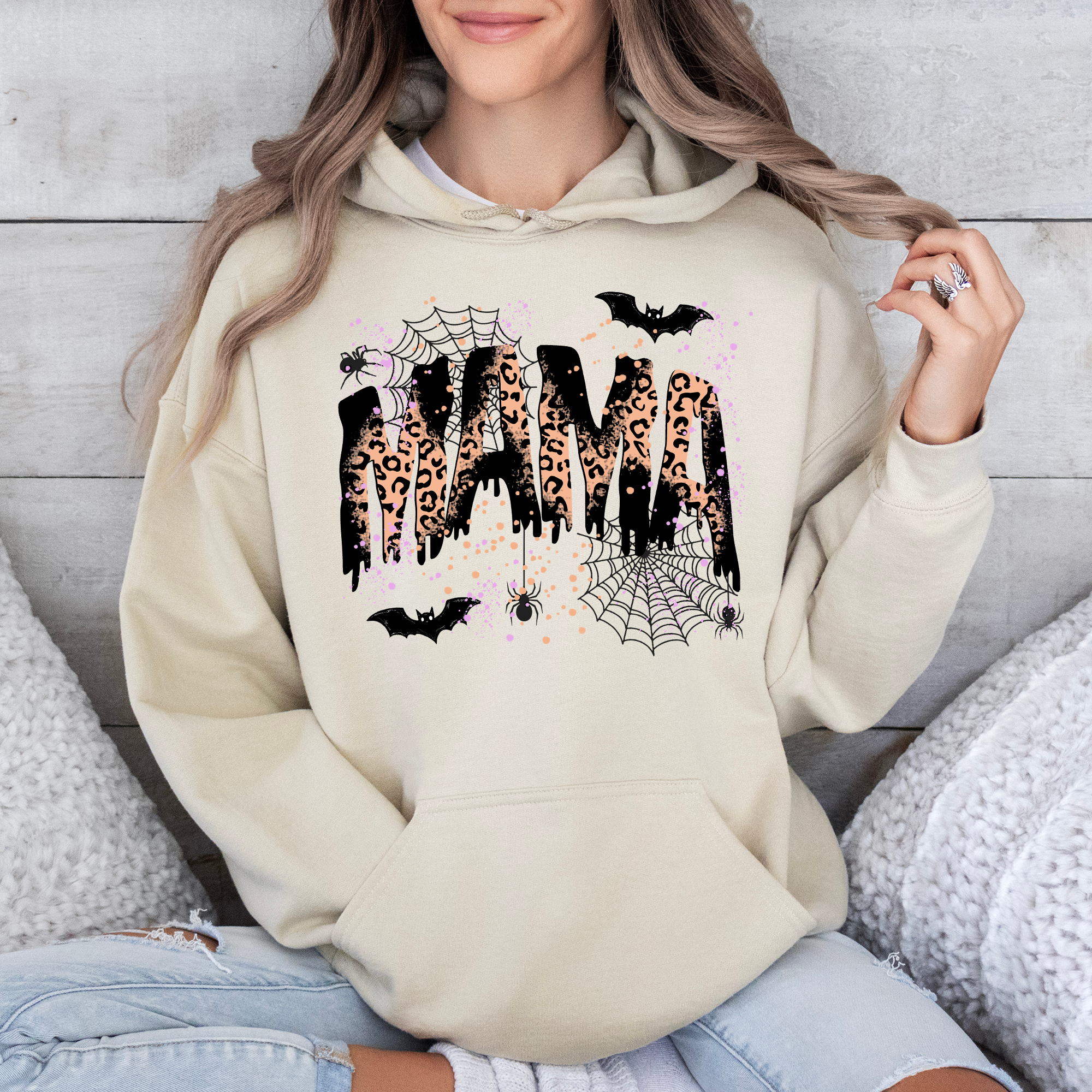 Halloween Mama Leopard Spooky Season Boo Family Photo Ready Cozy Leopard Print Graphic Hoodie