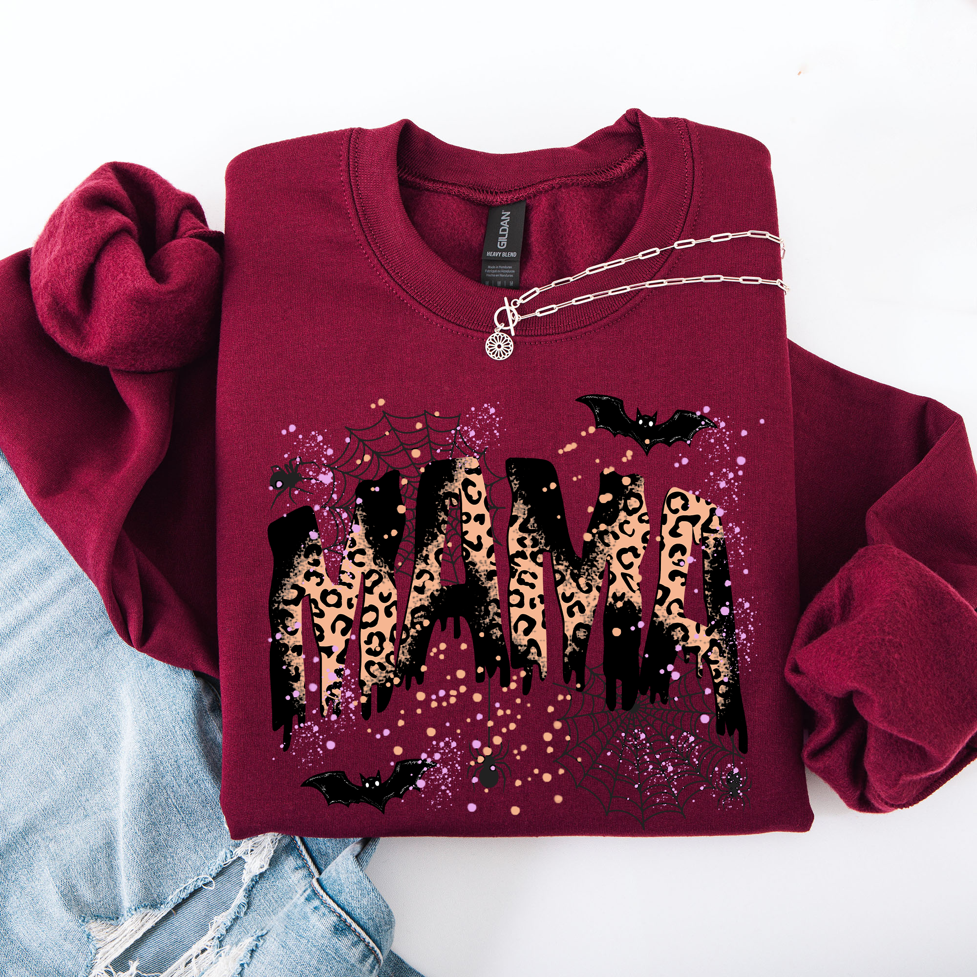 Halloween Mama Leopard Patchwork Spooky Season Witchy Retro Vibe Nostalgic Sweatshirt