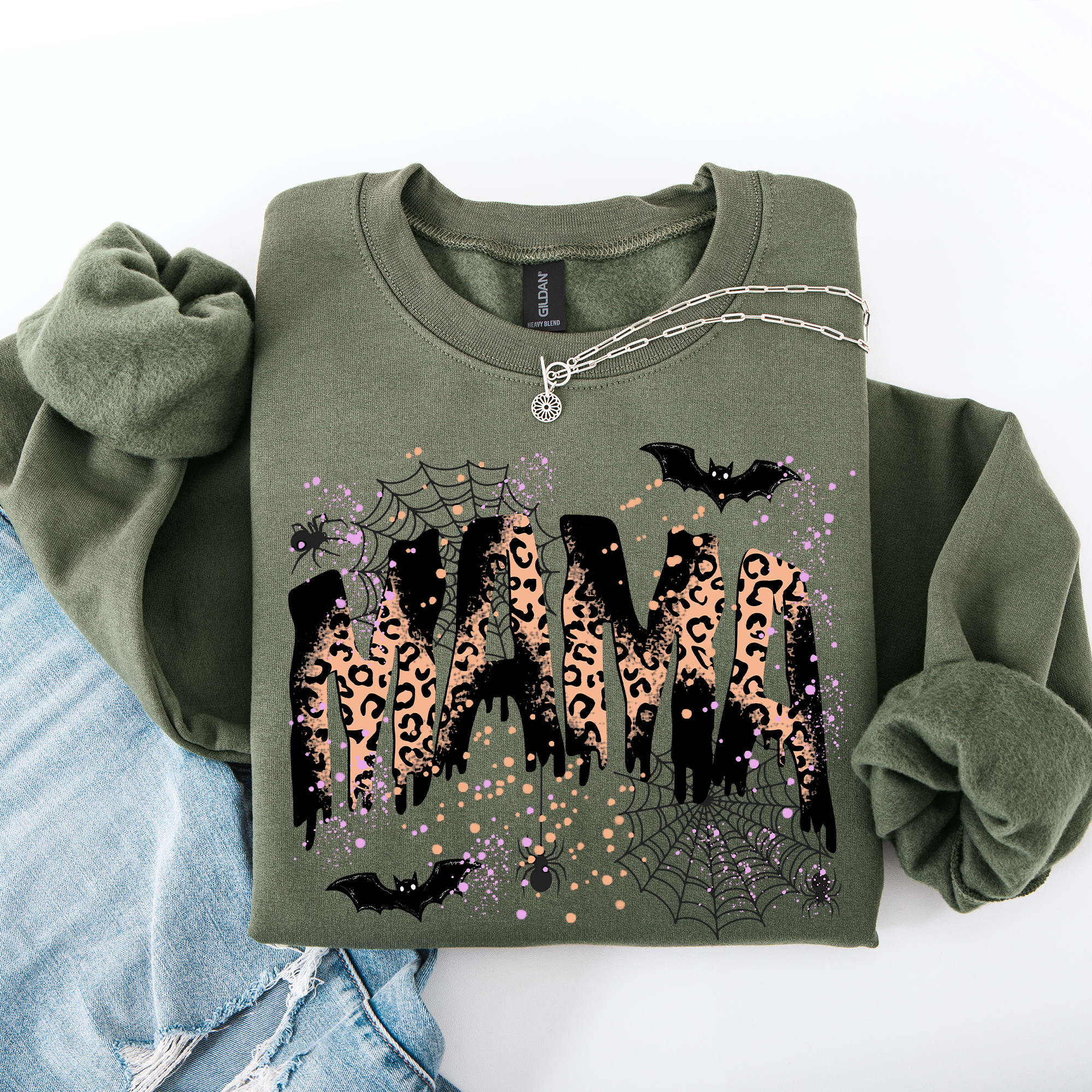 Halloween Mama Leopard Patchwork Spooky Season Witchy Retro Vibe Nostalgic Sweatshirt