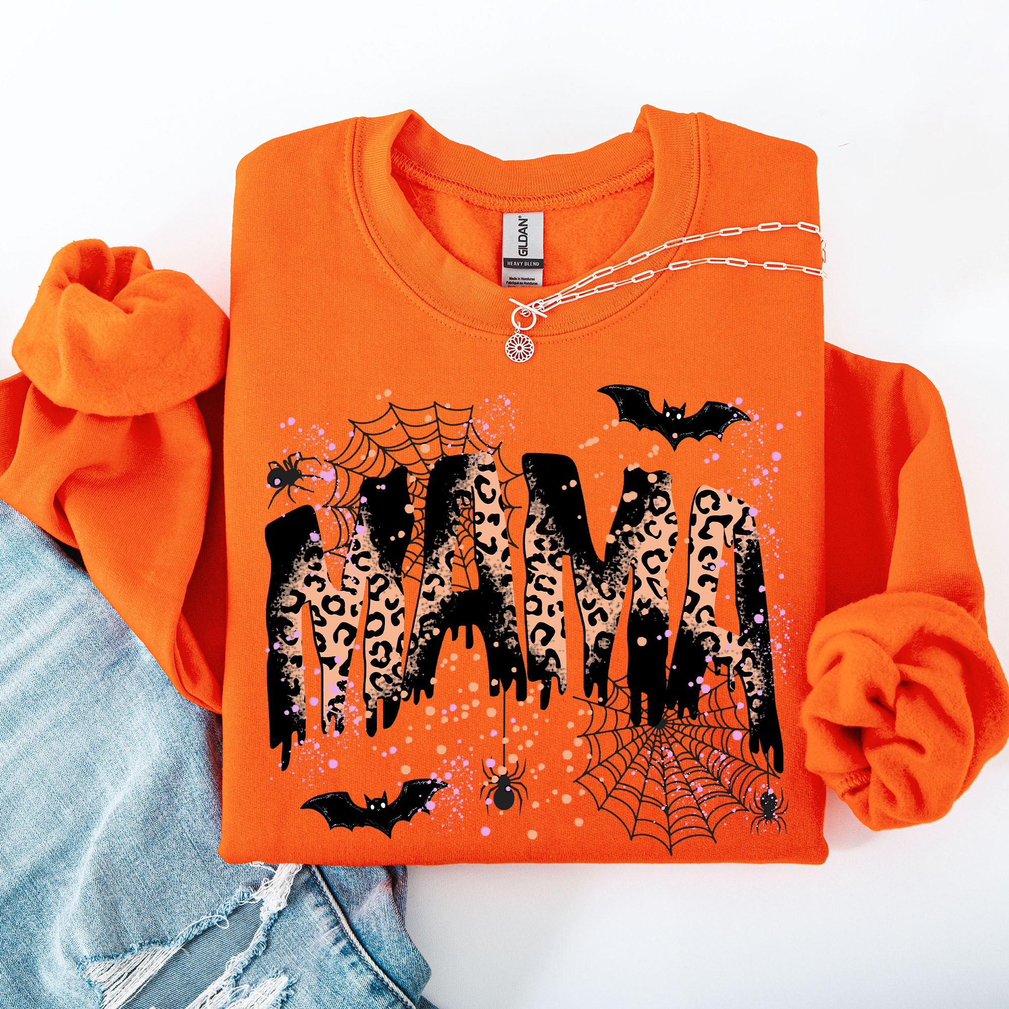 Halloween Mama Leopard Patchwork Spooky Season Witchy Retro Vibe Nostalgic Sweatshirt