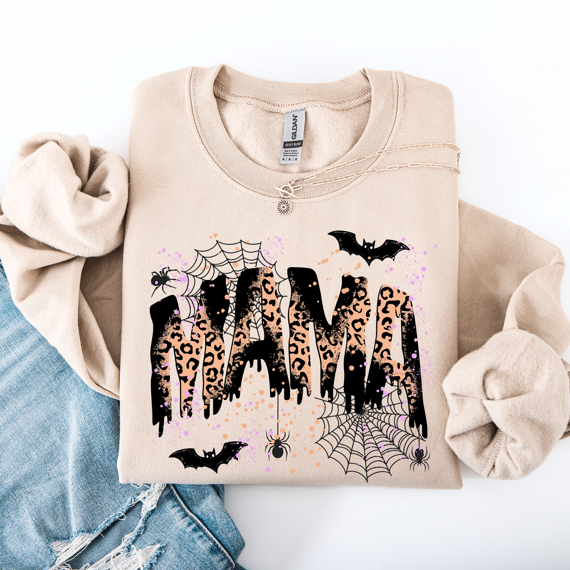 Halloween Mama Leopard Patchwork Spooky Season Witchy Retro Vibe Nostalgic Sweatshirt
