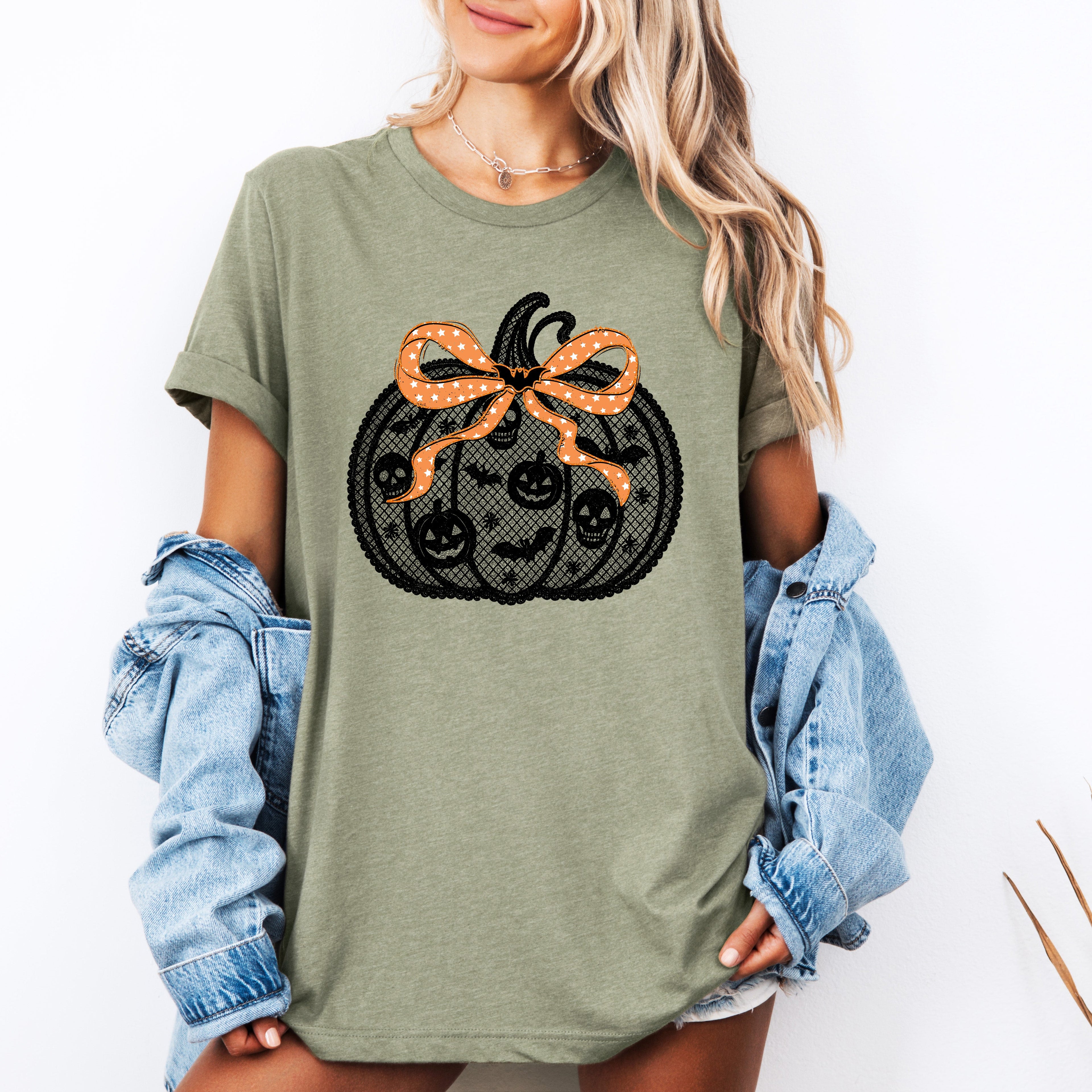 Halloween Pumpkin Faux Lace Coquette Ribbon Bows Embroidered Details Vintage Gothic Style Graphic Tee