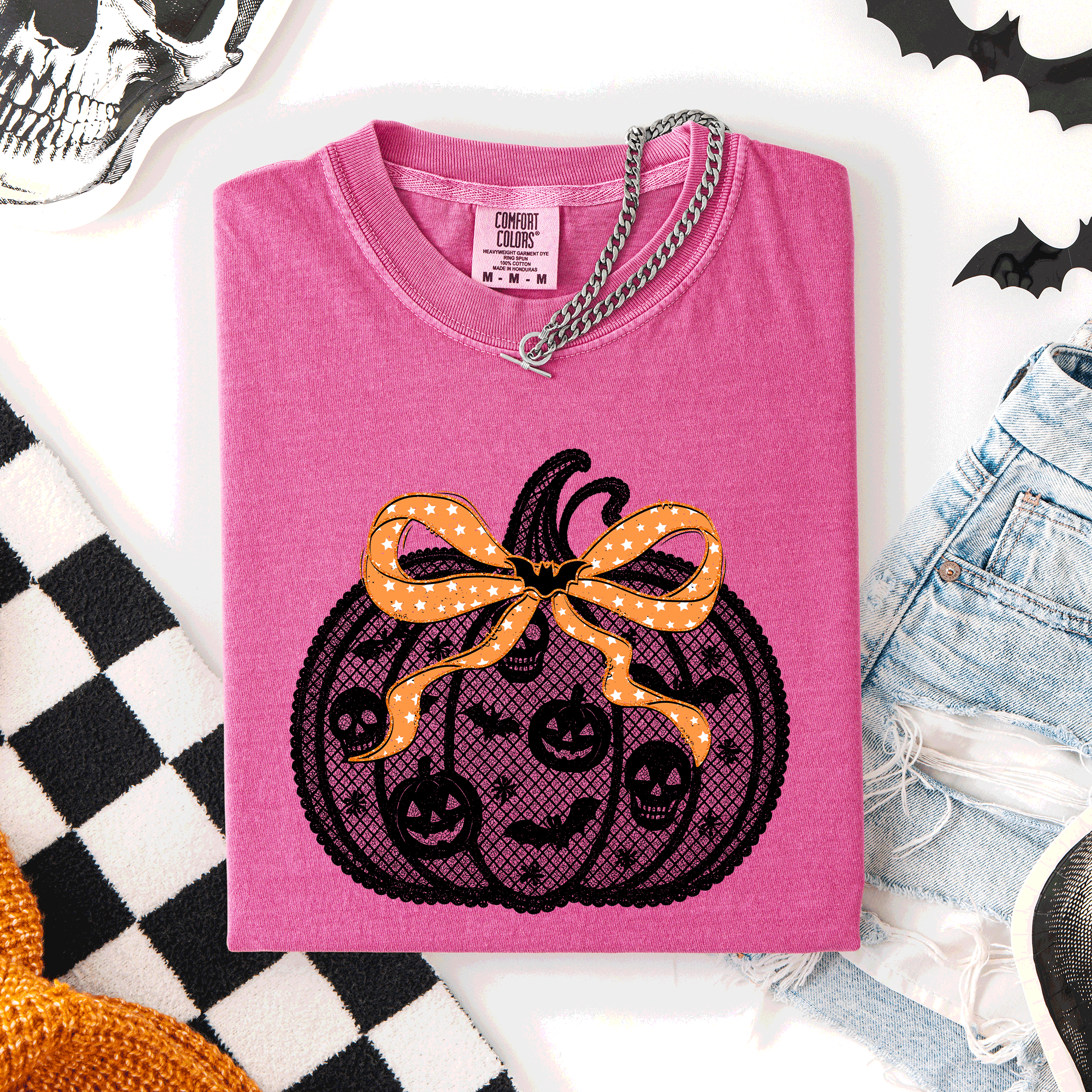 Halloween Pumpkin Faux Lace Coquette Ribbon And Bows Festive Style Comfort Colors Tee