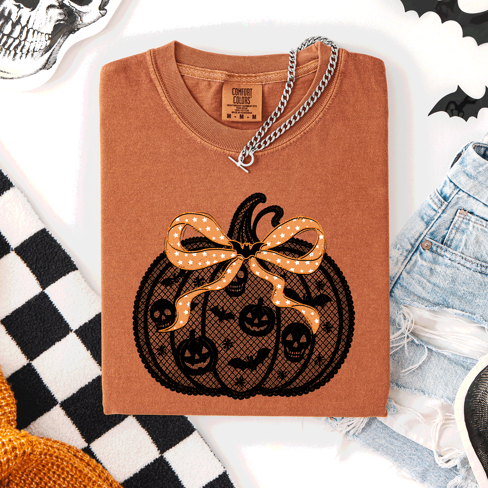 Halloween Pumpkin Faux Lace Coquette Ribbon And Bows Festive Style Comfort Colors Tee