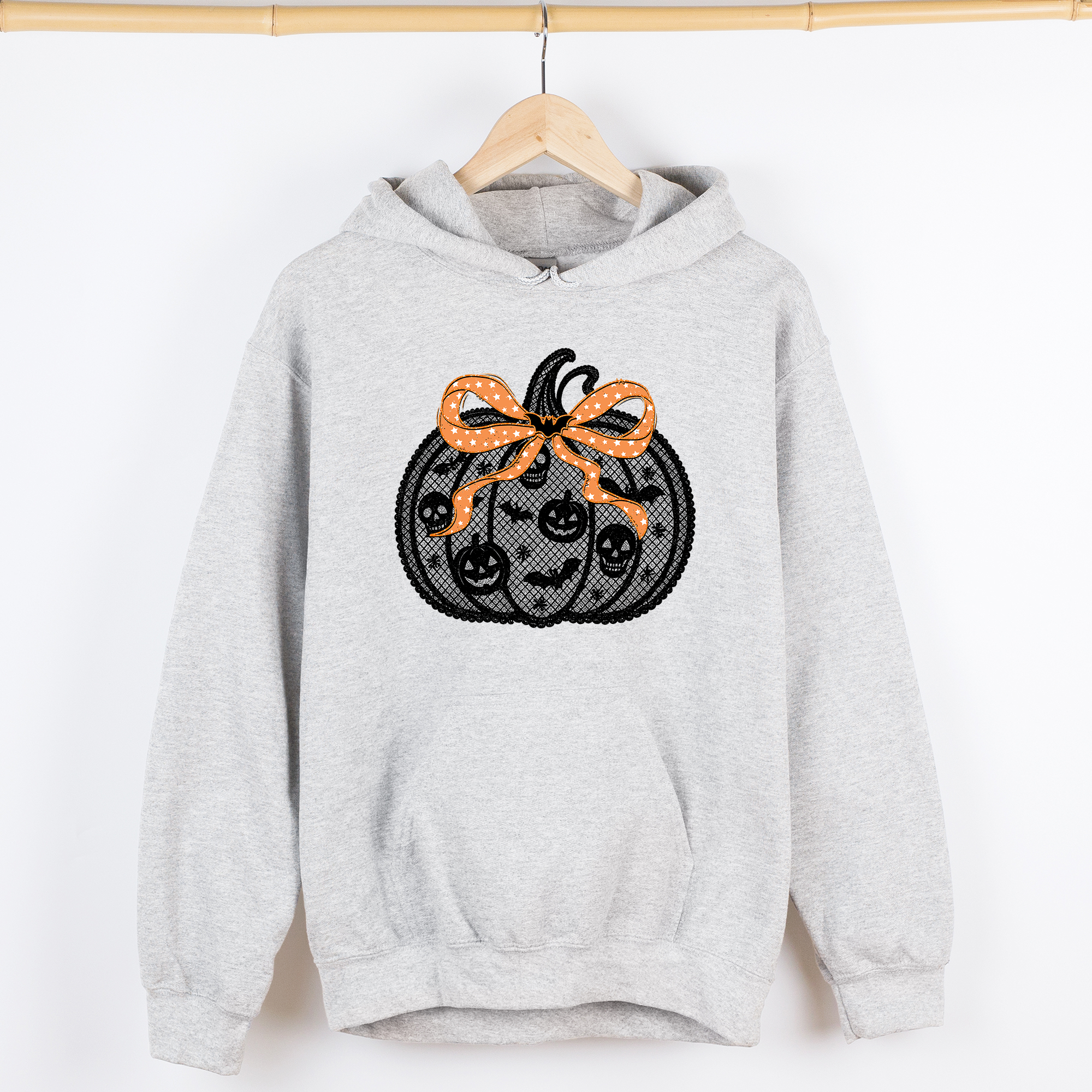 Halloween Pumpkin Faux Lace Coquette Ribbon Bows Embroidered Details Graphic Hoodie