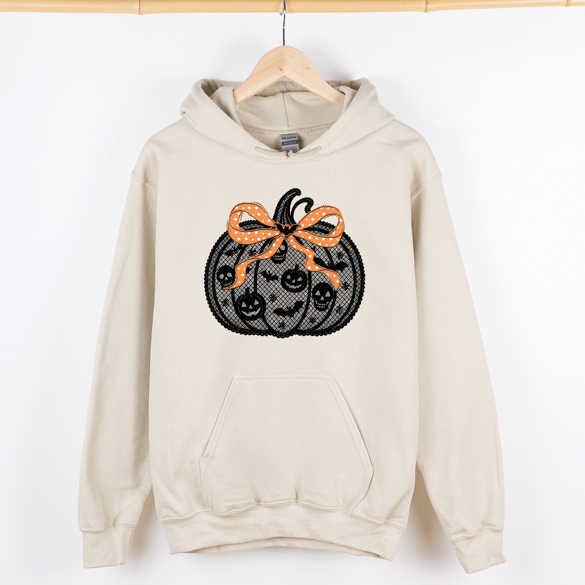 Halloween Pumpkin Faux Lace Coquette Ribbon Bows Embroidered Details Graphic Hoodie