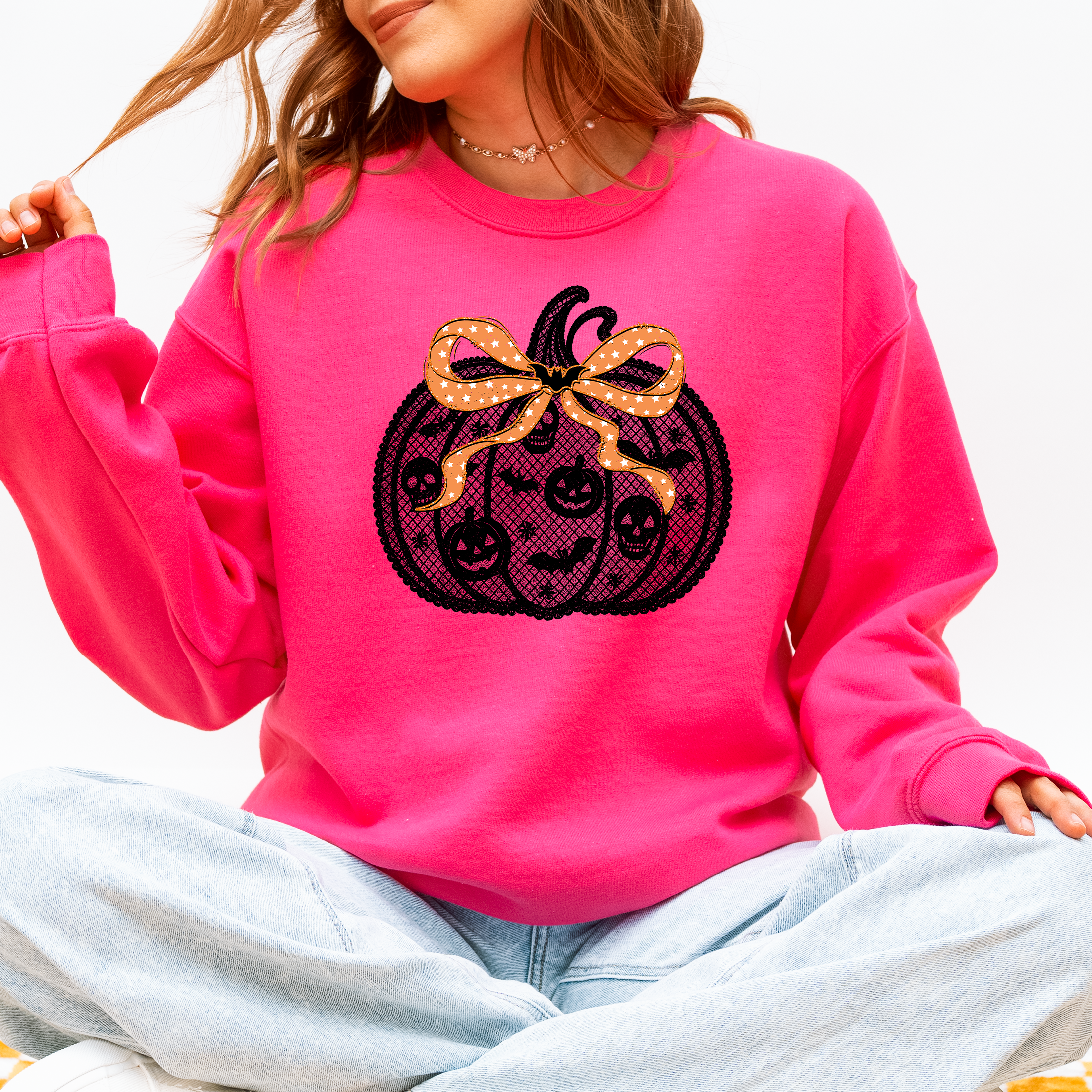 Halloween Pumpkin Faux Lace Coquette Ribbon Bows Embellished Velvet Accents Seasonal Collection Graphic Sweatshirt