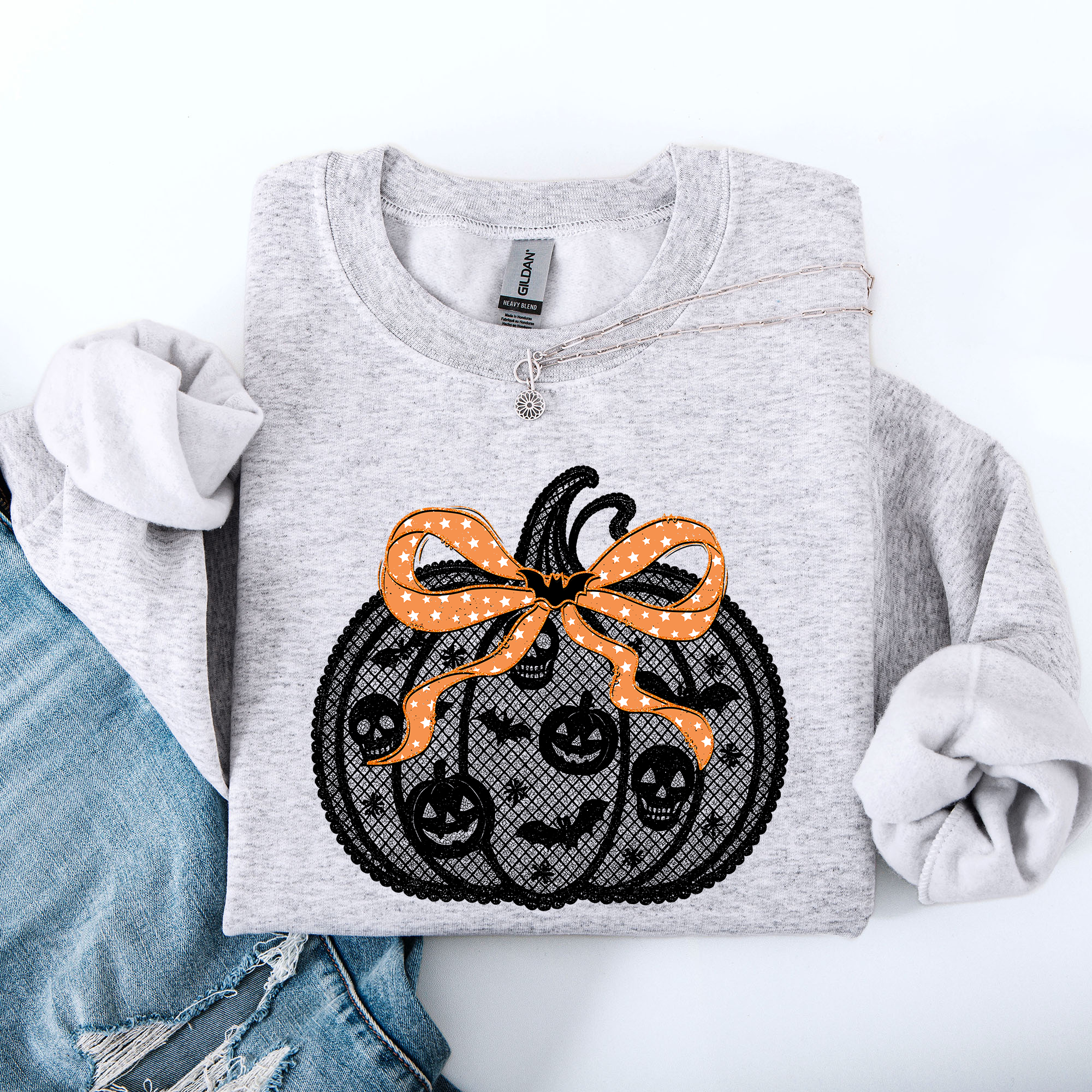 Halloween Pumpkin Faux Lace Coquette Ribbon Bows Embellished Velvet Accents Seasonal Collection Graphic Sweatshirt
