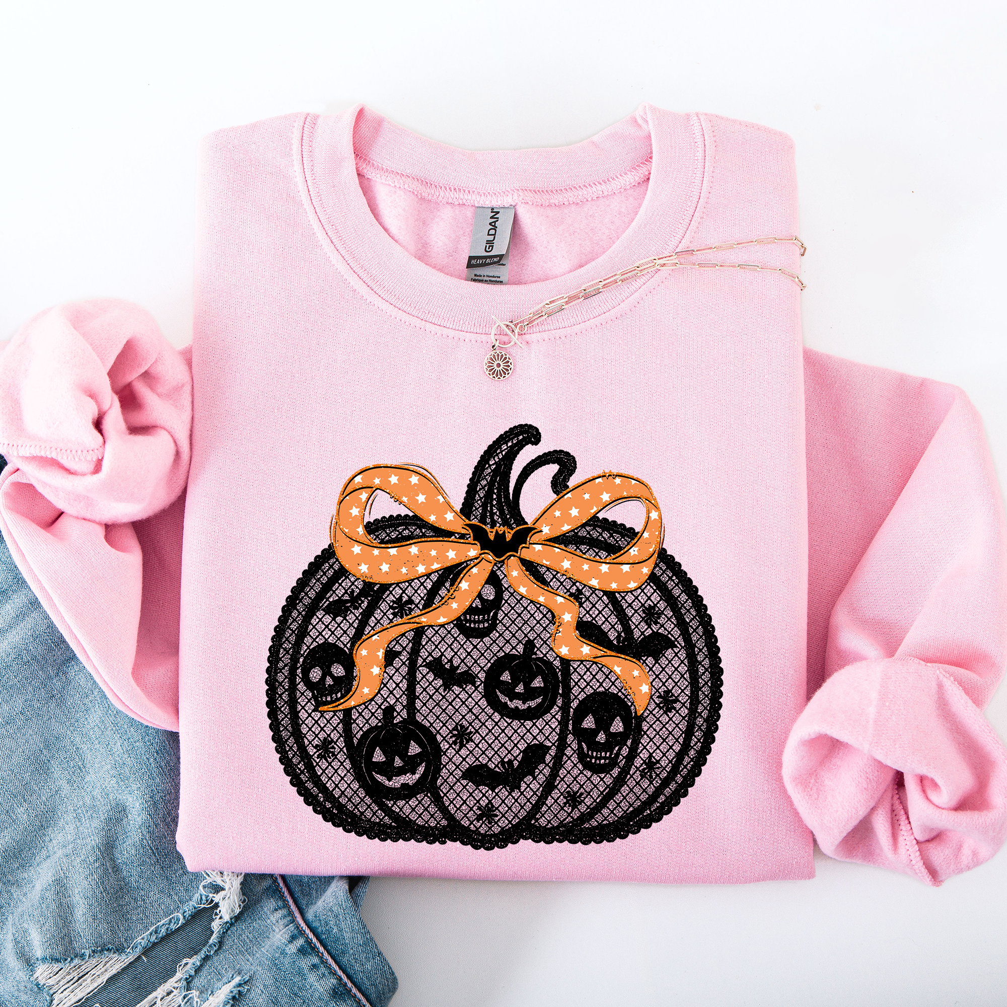 Halloween Pumpkin Faux Lace Coquette Ribbon Bows Embellished Velvet Accents Seasonal Collection Graphic Sweatshirt