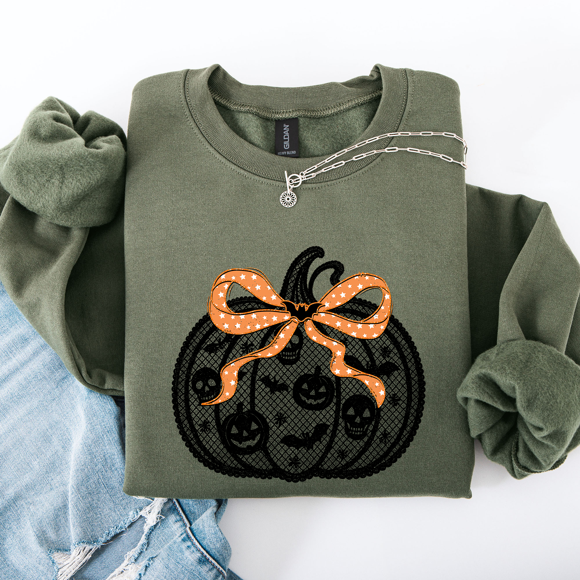 Halloween Pumpkin Faux Lace Coquette Ribbon Bows Embellished Velvet Accents Seasonal Collection Graphic Sweatshirt